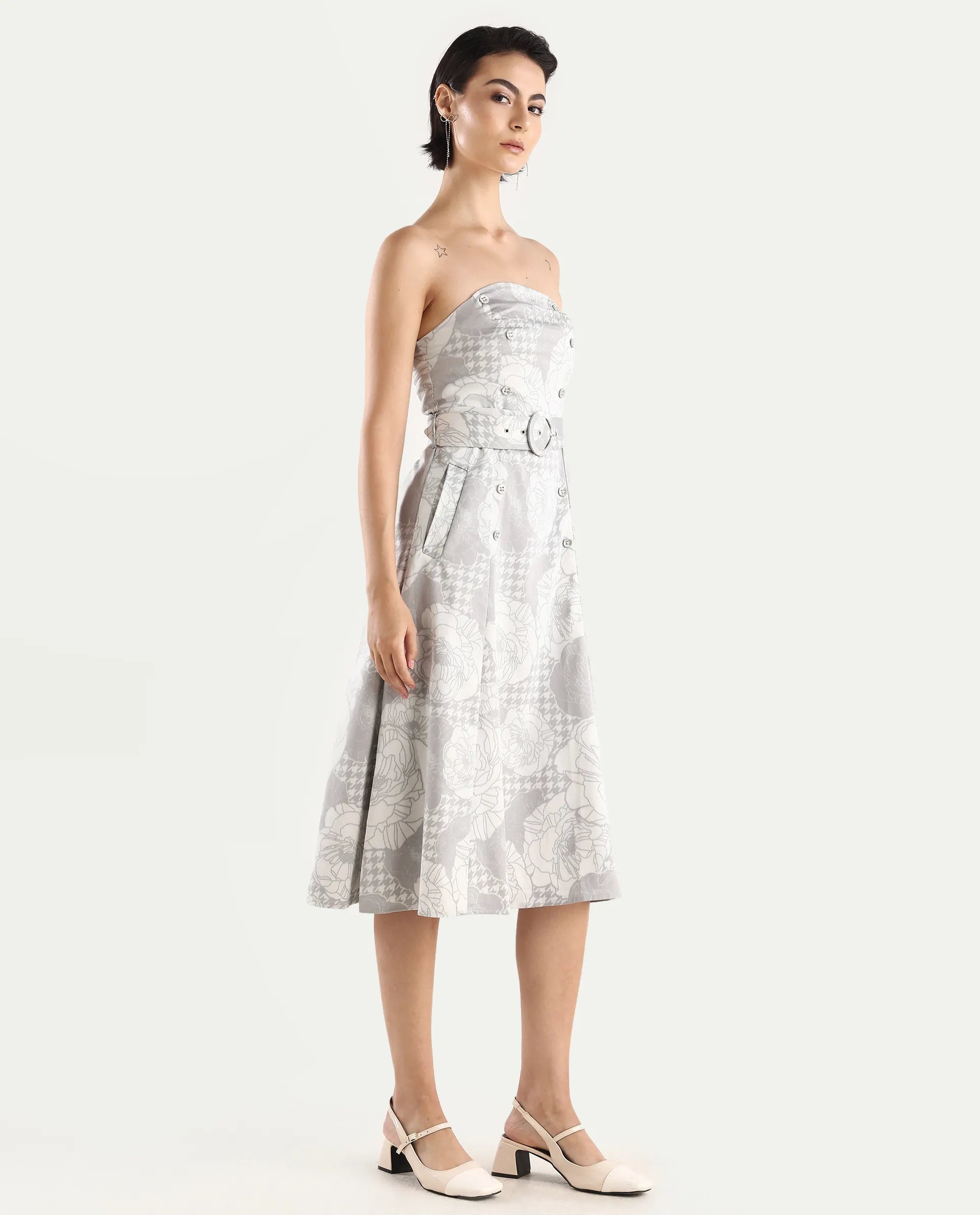 Rareism Women's Croatink Multi Cotton Blend Tube Neck Floral Print Sleeveless Midi Flared Dress