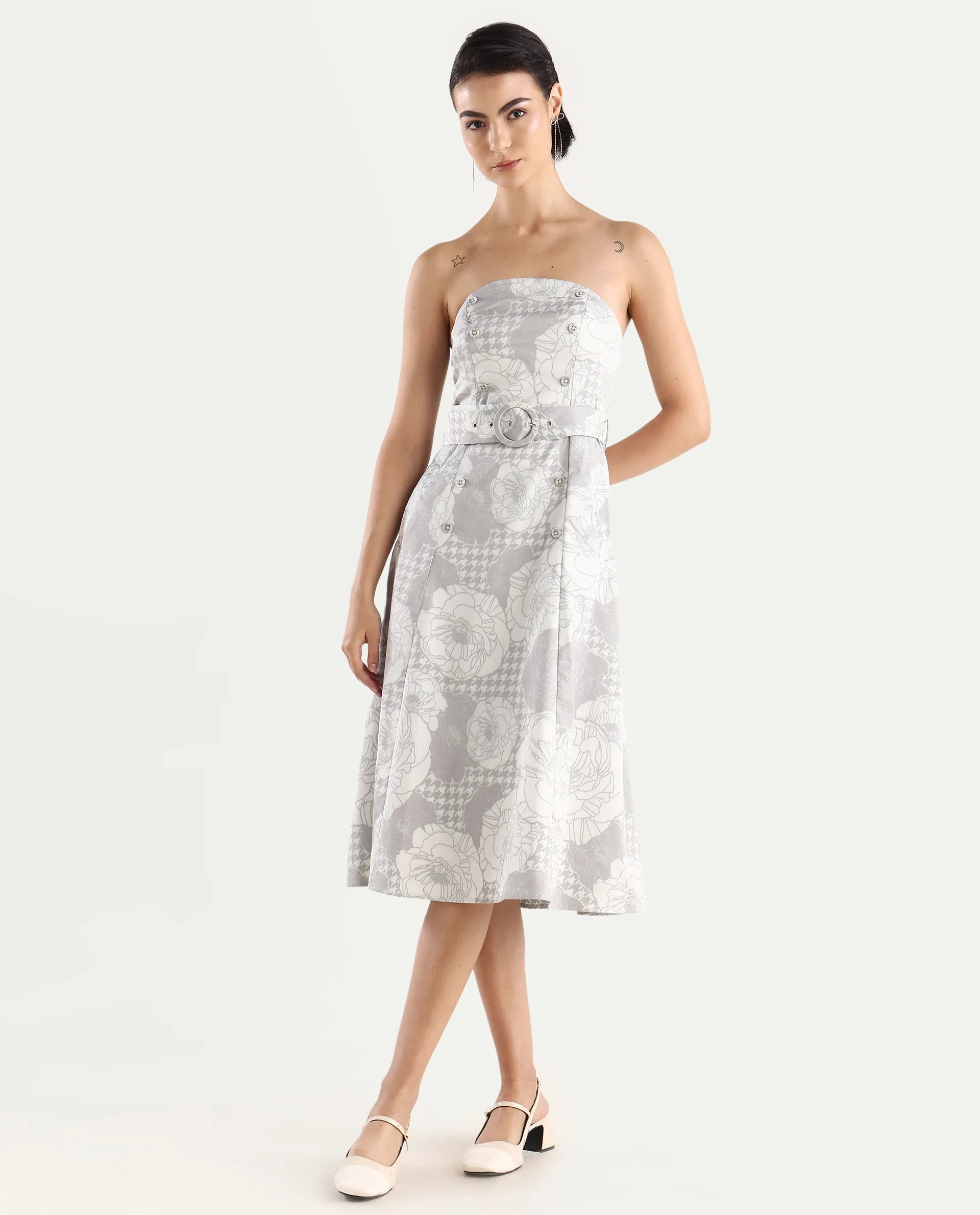 Rareism Women's Croatink Multi Cotton Blend Tube Neck Floral Print Sleeveless Midi Flared Dress