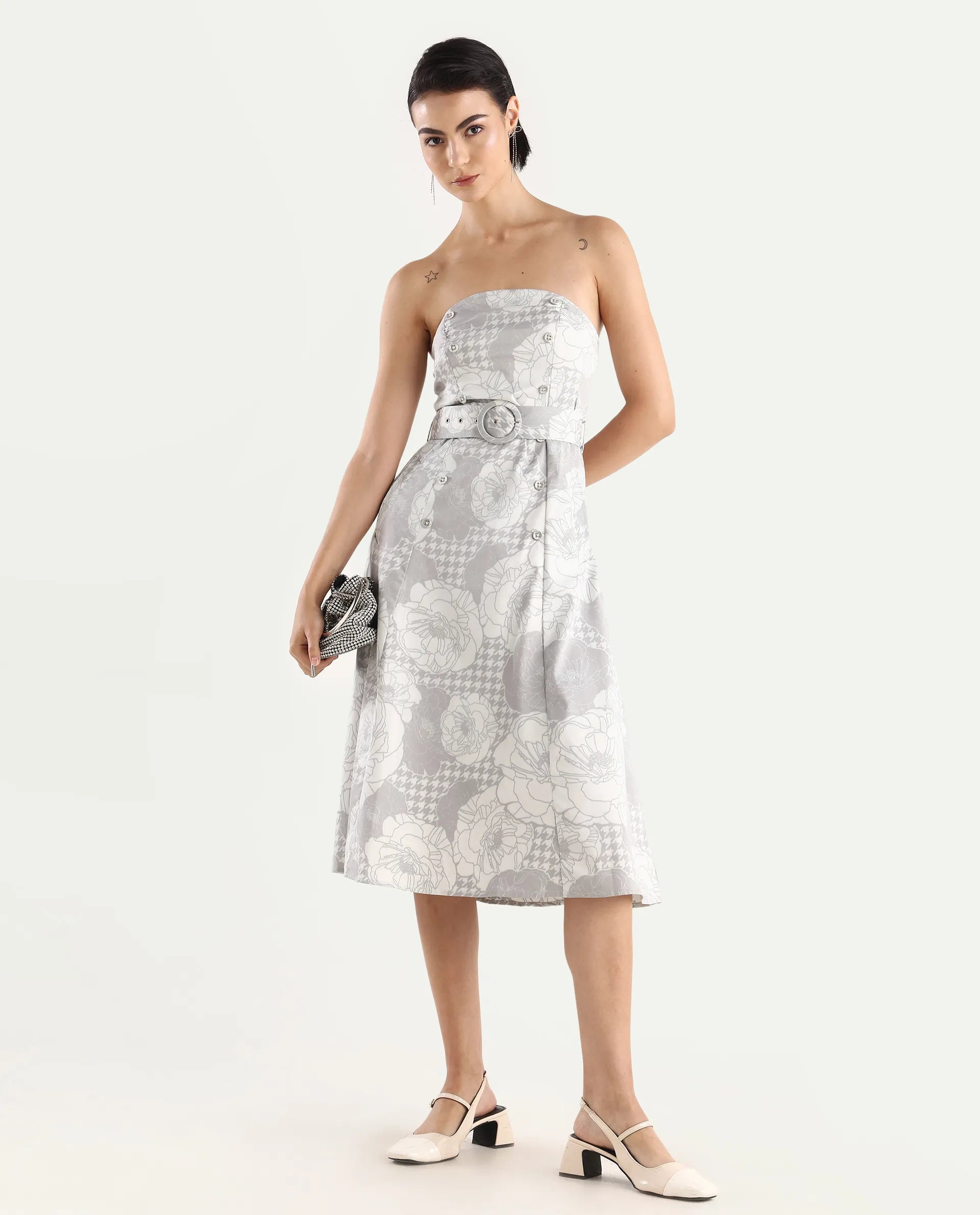 Rareism Women's Croatink Multi Cotton Blend Tube Neck Floral Print Sleeveless Midi Flared Dress