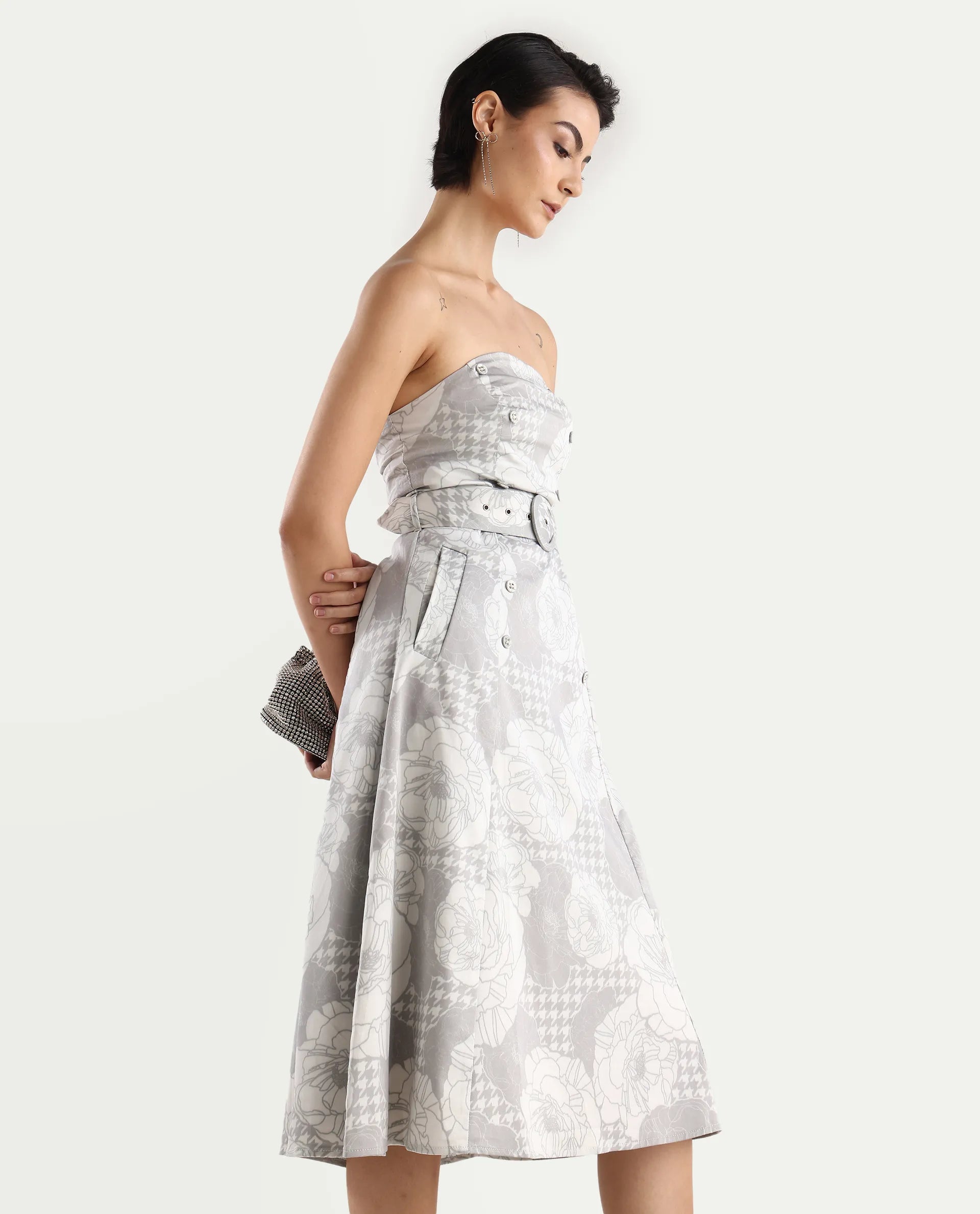 Rareism Women's Croatink Multi Cotton Blend Tube Neck Floral Print Sleeveless Midi Flared Dress