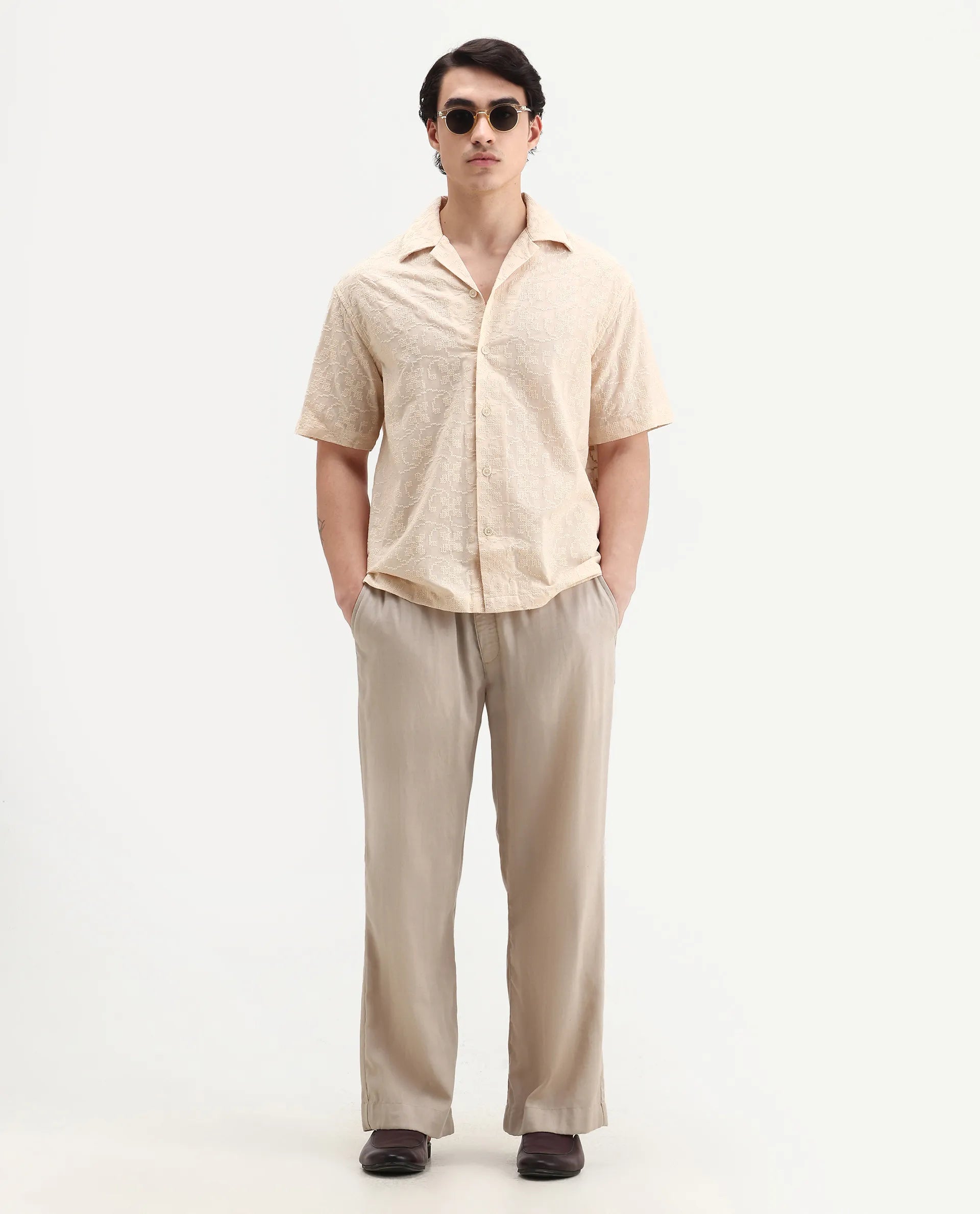 Rare Rabbit Men's Crof Beige Cotton Embroidered Boxy Fit Half Sleeve Collared Shirt