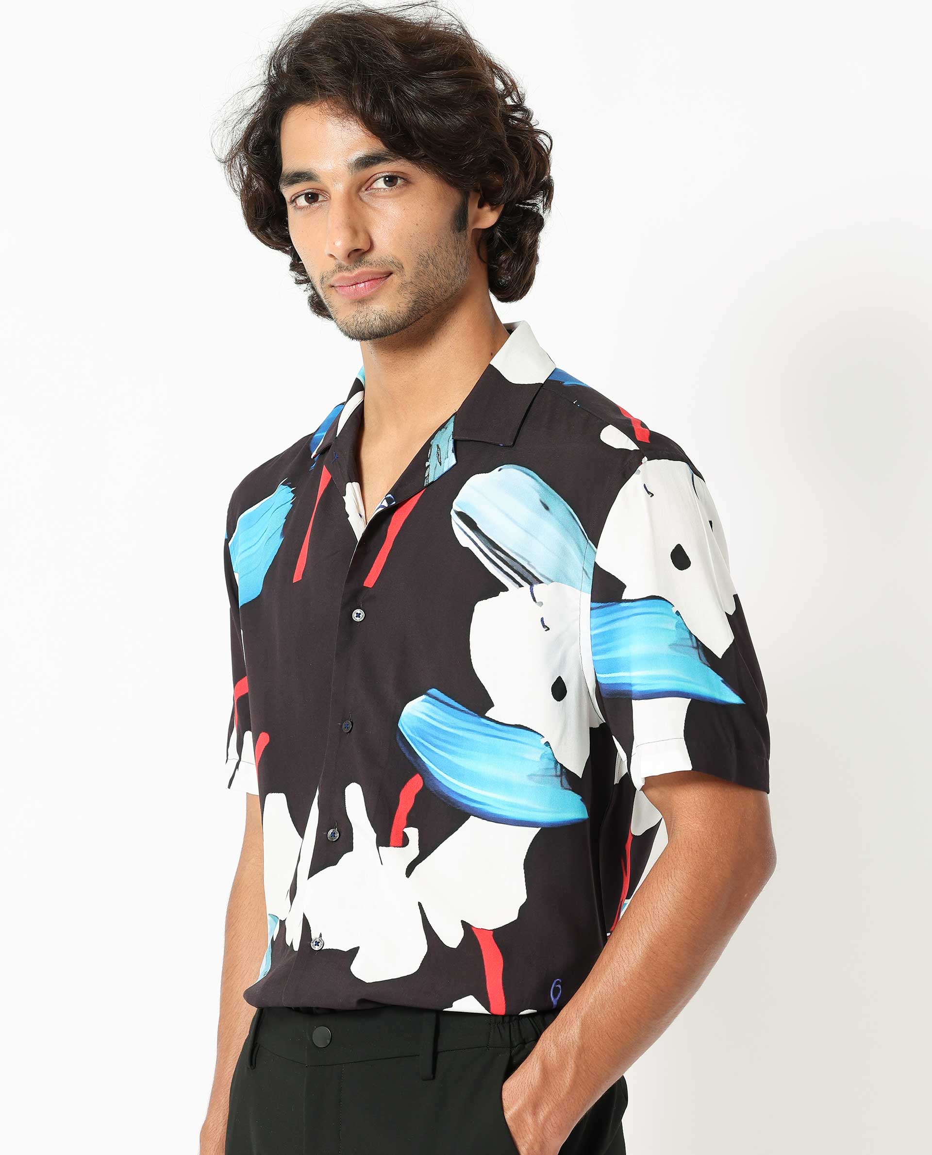 Rare Rabbit Men's Croft Black Viscose Fabric Cuban Collar Abstract Print Half Sleeves Shirt