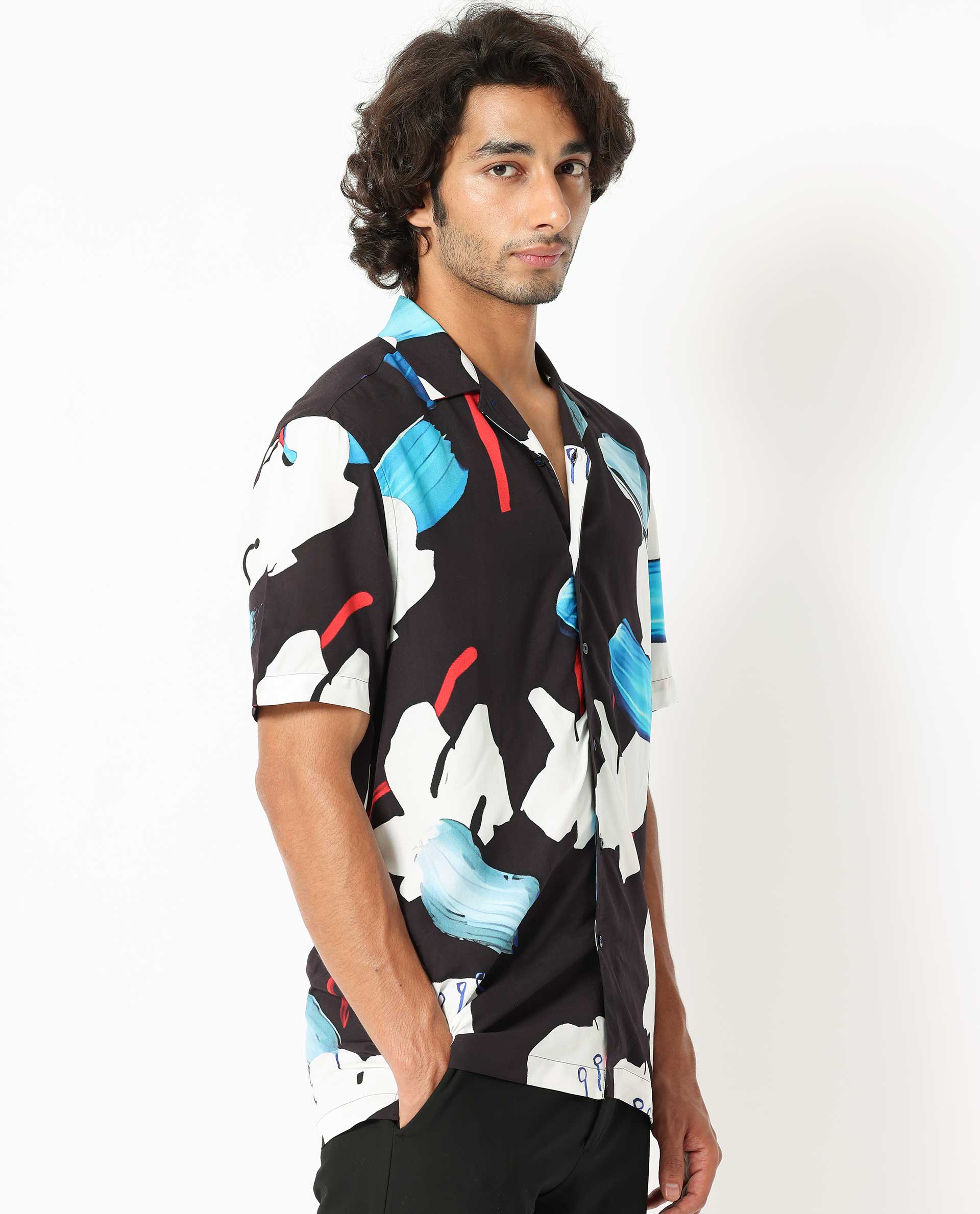 Rare Rabbit Men's Croft Black Viscose Fabric Cuban Collar Abstract Print Half Sleeves Shirt