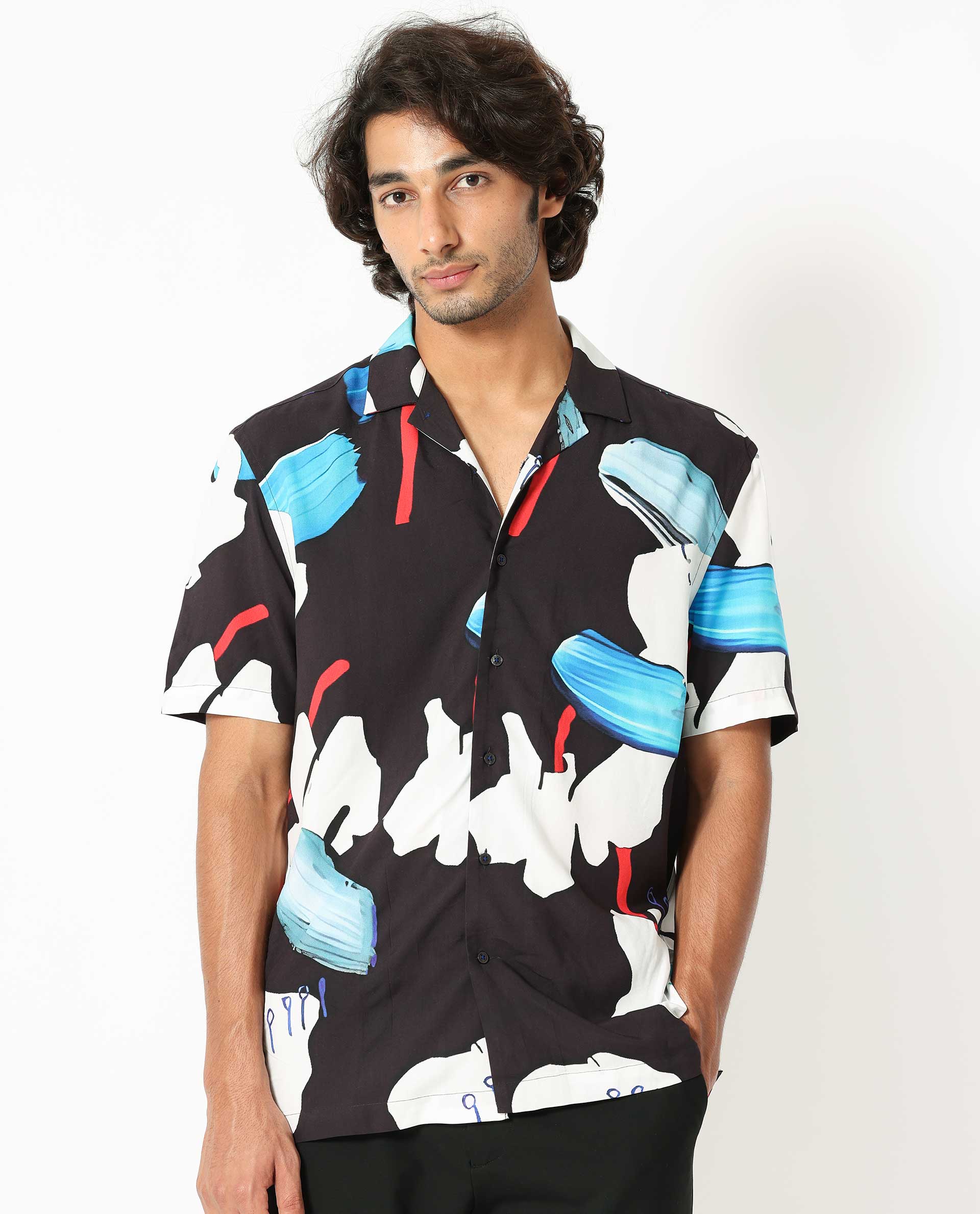 Rare Rabbit Men's Croft Black Viscose Fabric Cuban Collar Abstract Print Half Sleeves Shirt