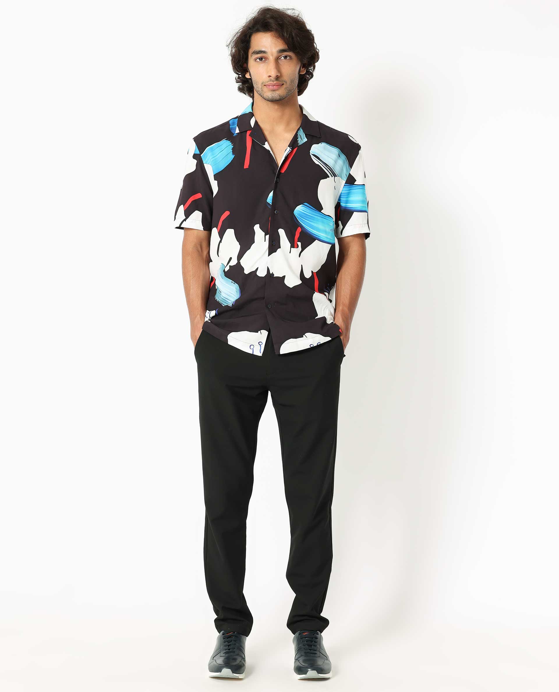 Rare Rabbit Men's Croft Black Viscose Fabric Cuban Collar Abstract Print Half Sleeves Shirt