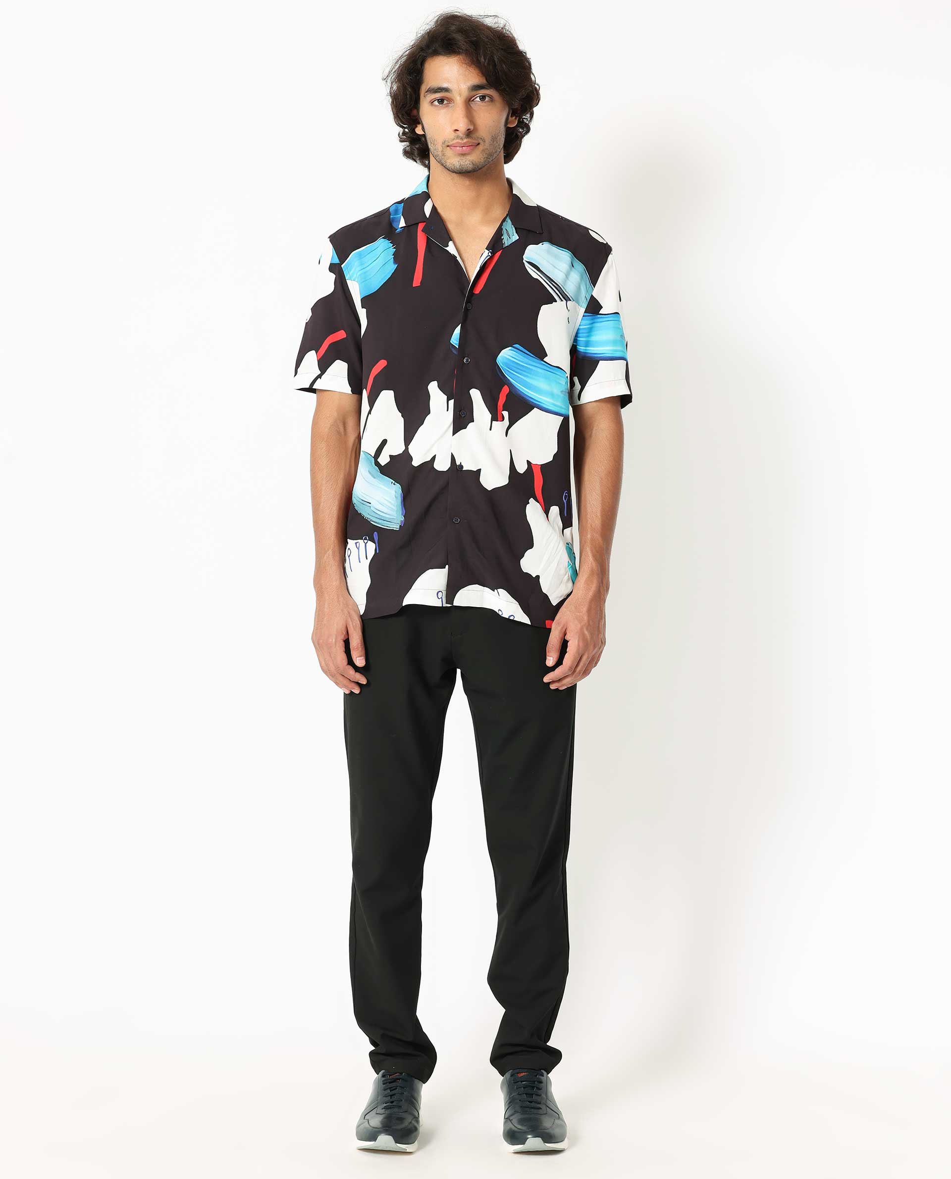 Rare Rabbit Men's Croft Black Viscose Fabric Cuban Collar Abstract Print Half Sleeves Shirt