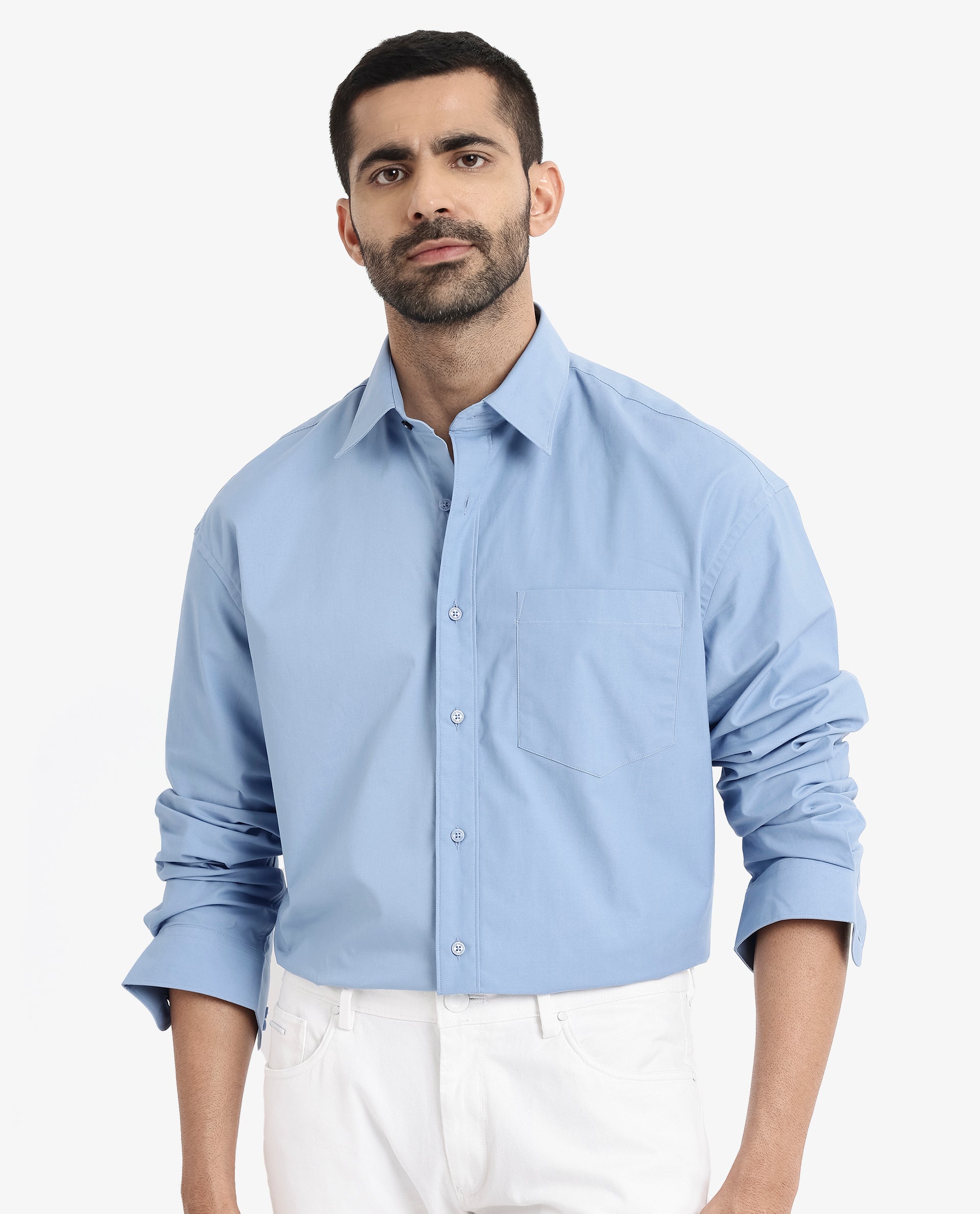 Rare Rabbit Men's Crofty Blue Cotton Lycra Fabric Full Sleeves Collared Neck Regular Fit Plain Shirt