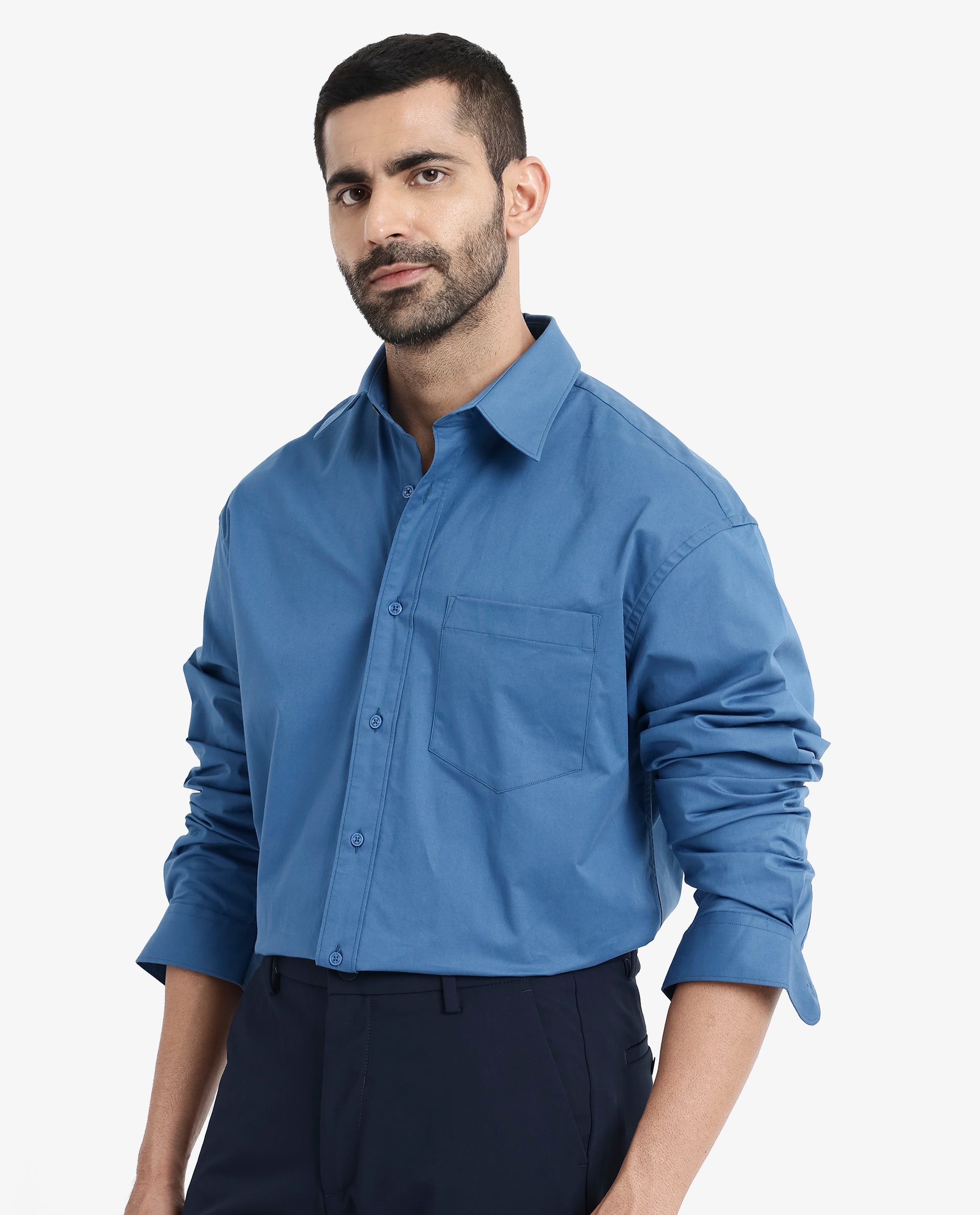 Rare Rabbit Men's Crofty Dark Blue Cotton Lycra Fabric Full Sleeves Collared Neck Regular Fit Plain Shirt