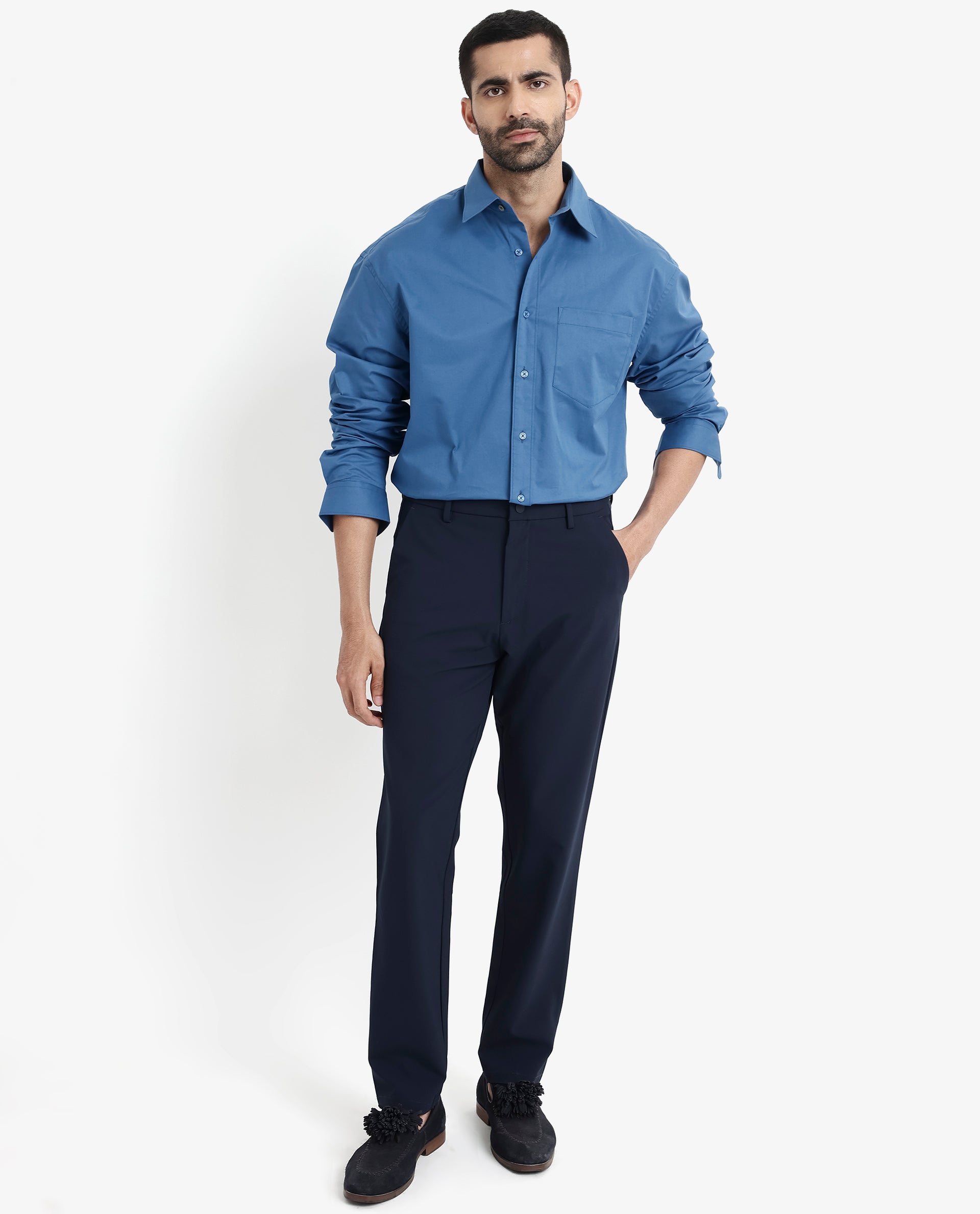 Rare Rabbit Men's Crofty Dark Blue Cotton Lycra Fabric Full Sleeves Collared Neck Regular Fit Plain Shirt