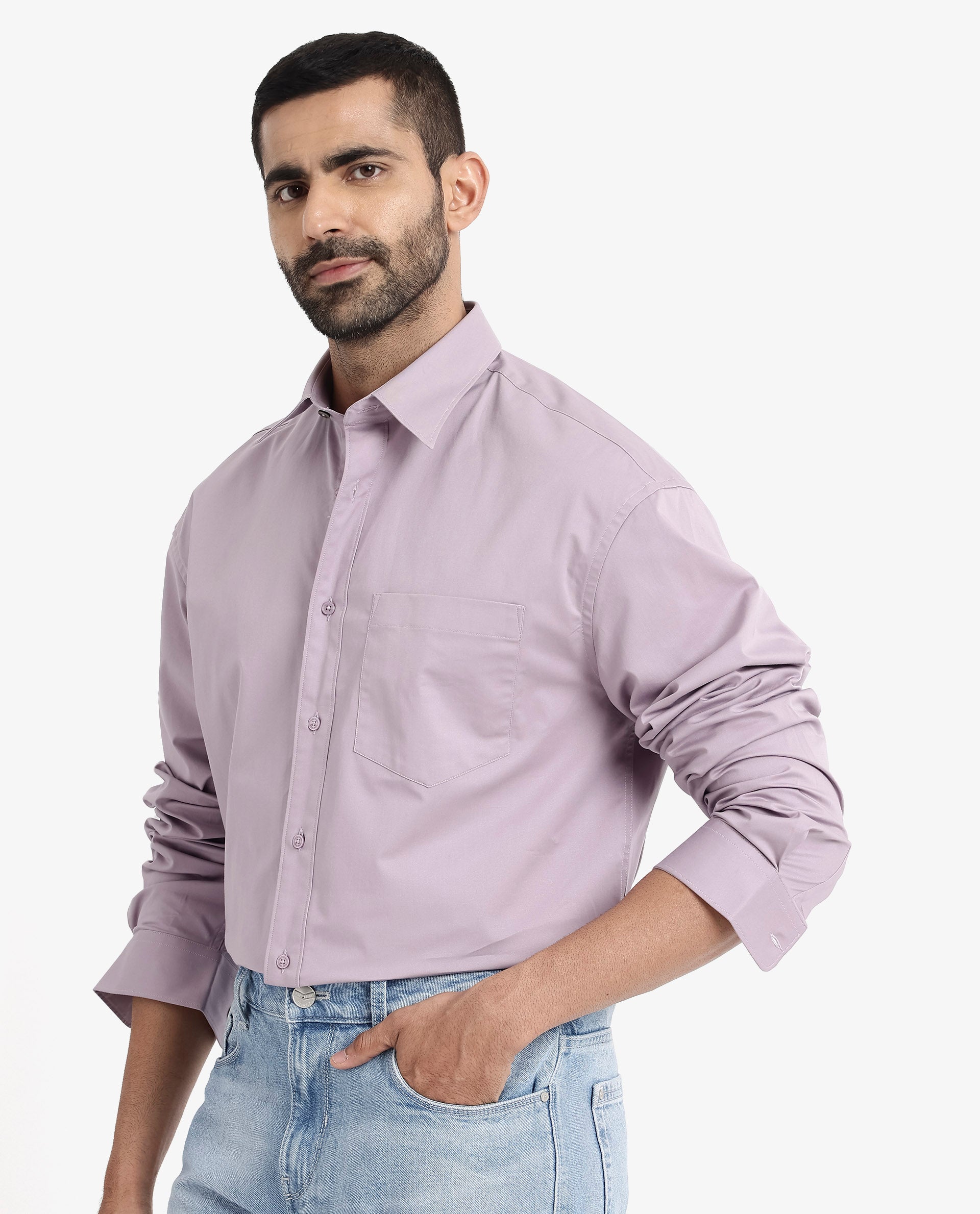 Rare Rabbit Men's Crofty Dusky Purple Cotton Lycra Fabric Full Sleeves Collared Neck Regular Fit Plain Shirt