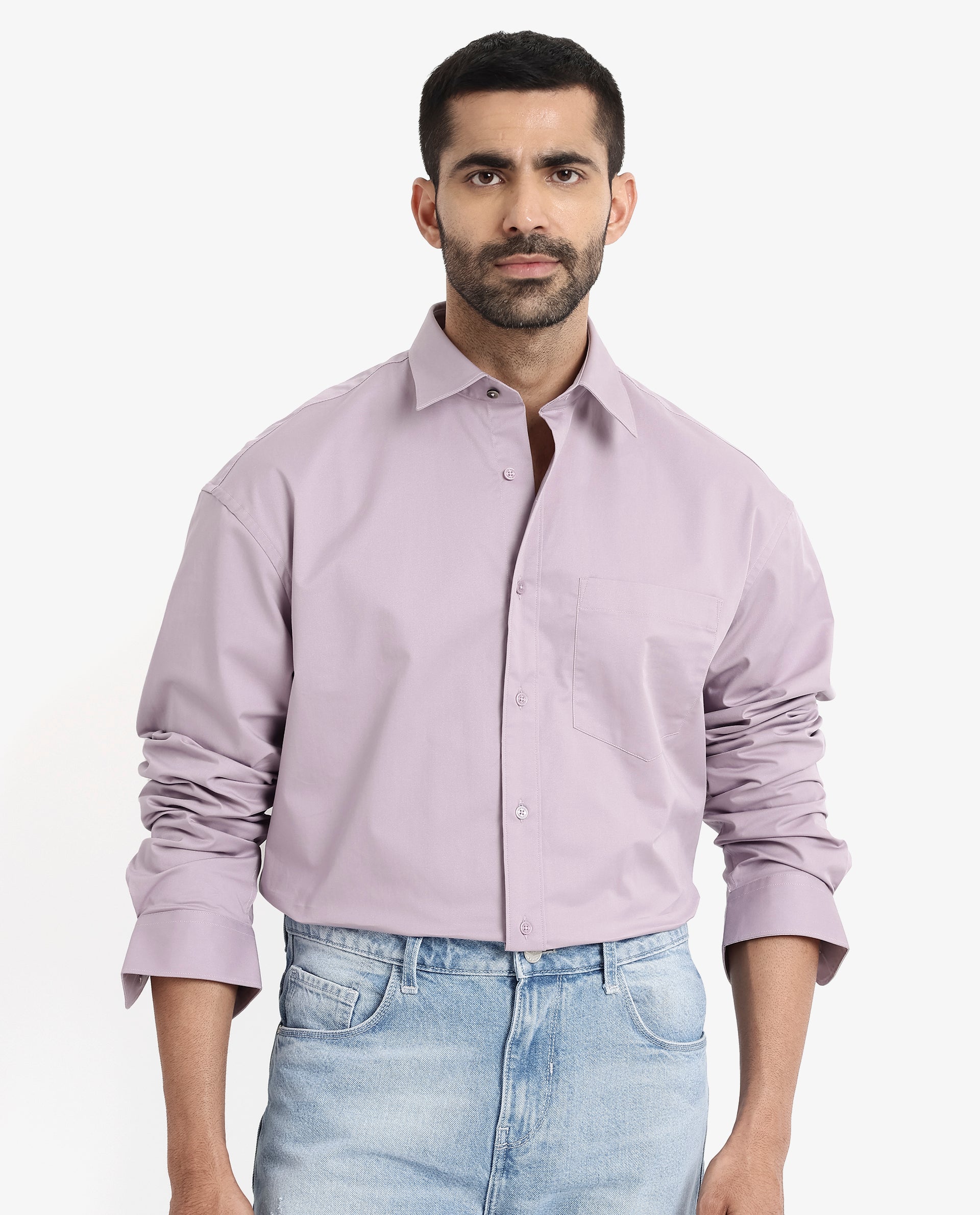Rare Rabbit Men's Crofty Dusky Purple Cotton Lycra Fabric Full Sleeves Collared Neck Regular Fit Plain Shirt