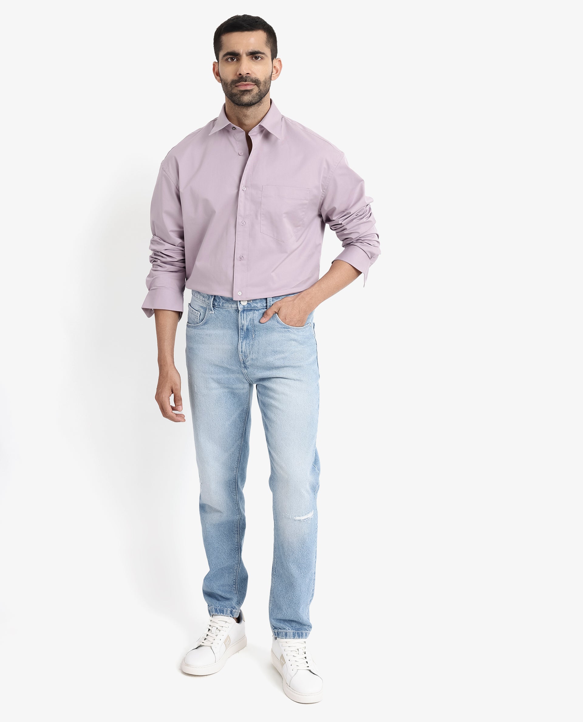 Rare Rabbit Men's Crofty Dusky Purple Cotton Lycra Fabric Full Sleeves Collared Neck Regular Fit Plain Shirt