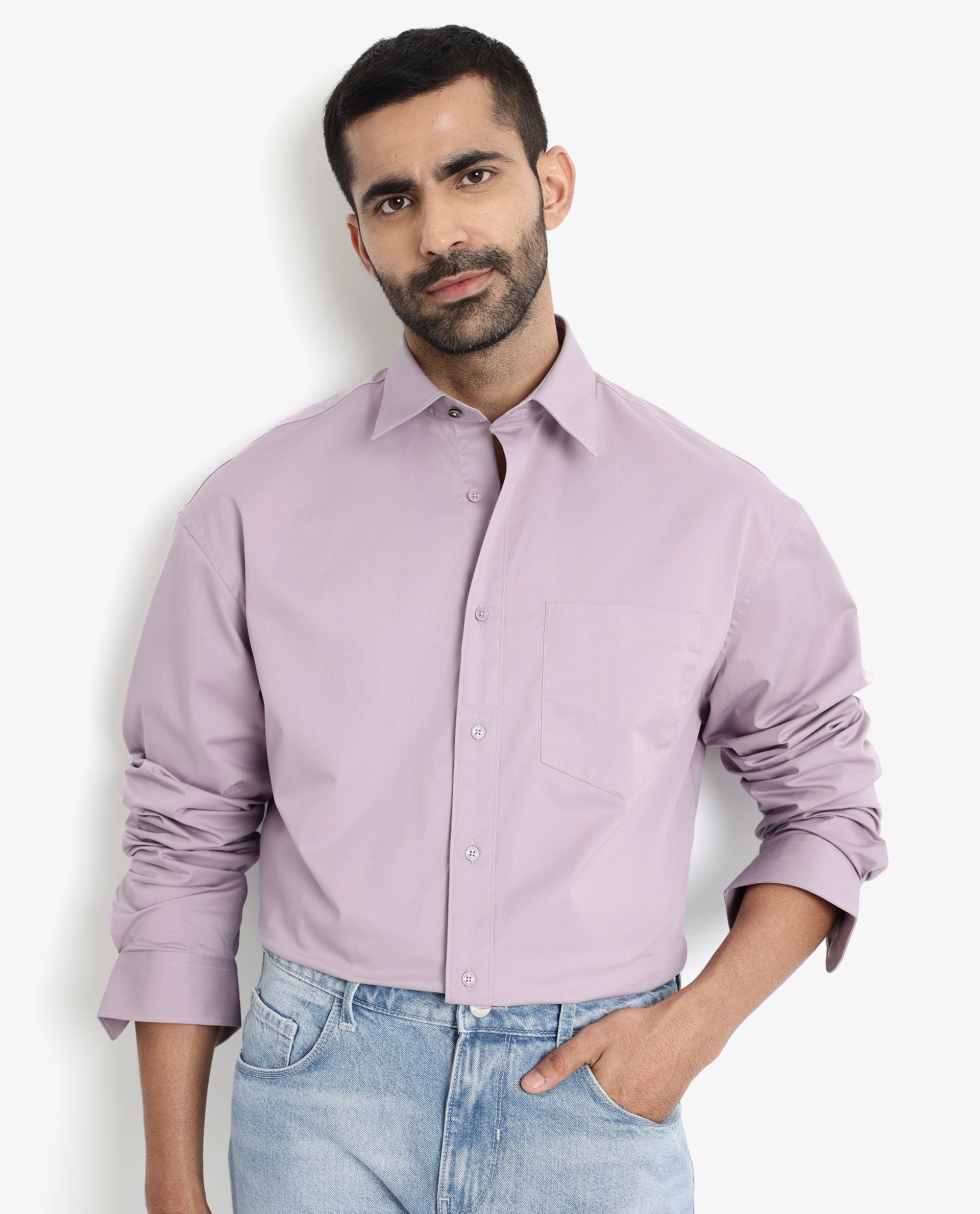 Rare Rabbit Men's Crofty Dusky Purple Cotton Lycra Fabric Full Sleeves Collared Neck Regular Fit Plain Shirt