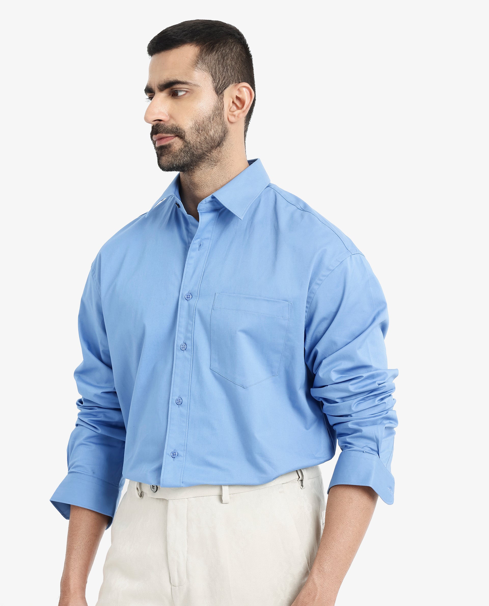 Rare Rabbit Men's Crofty Light Blue Cotton Lycra Fabric Full Sleeves Collared Neck Regular Fit Plain Shirt