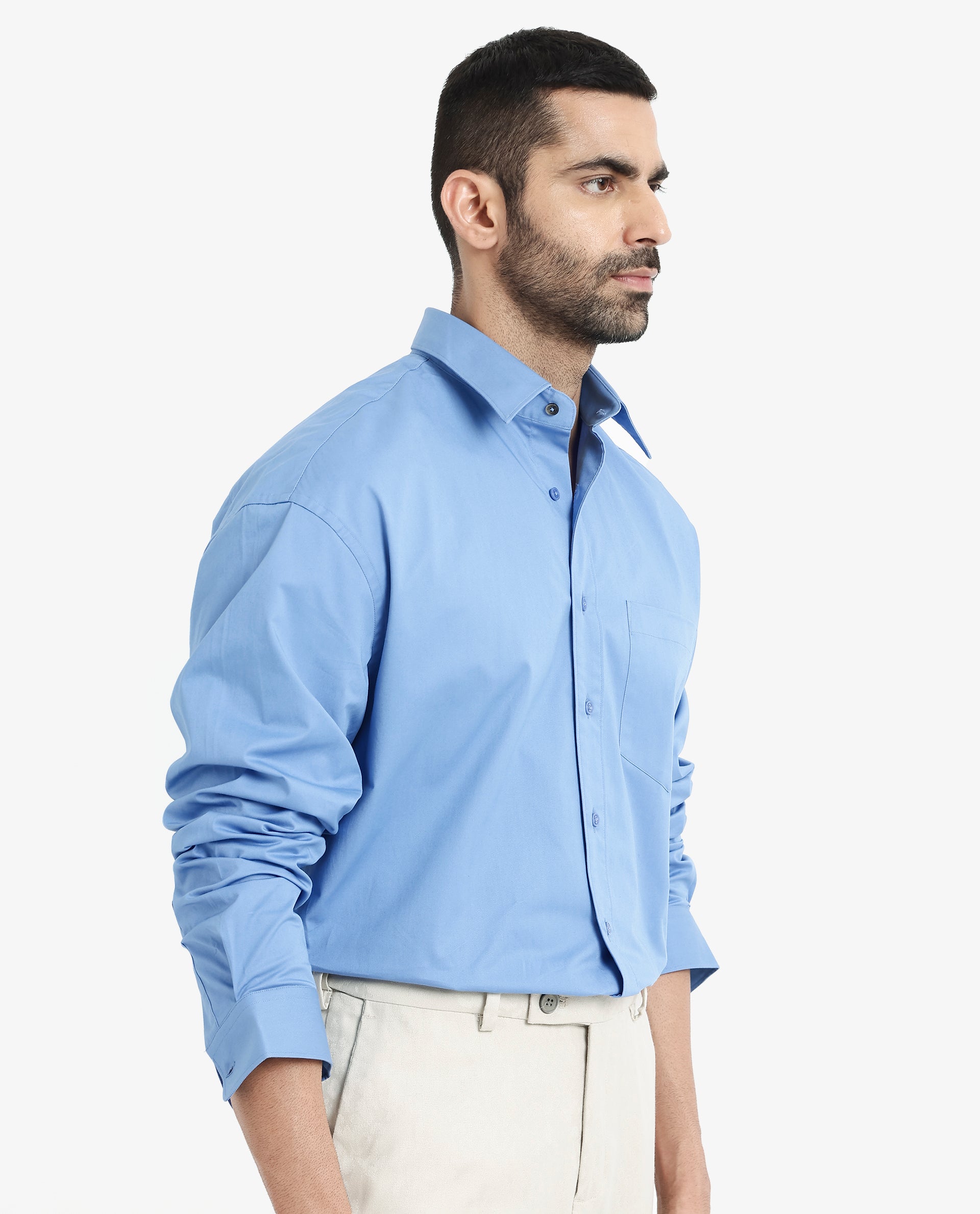 Rare Rabbit Men's Crofty Light Blue Cotton Lycra Fabric Full Sleeves Collared Neck Regular Fit Plain Shirt