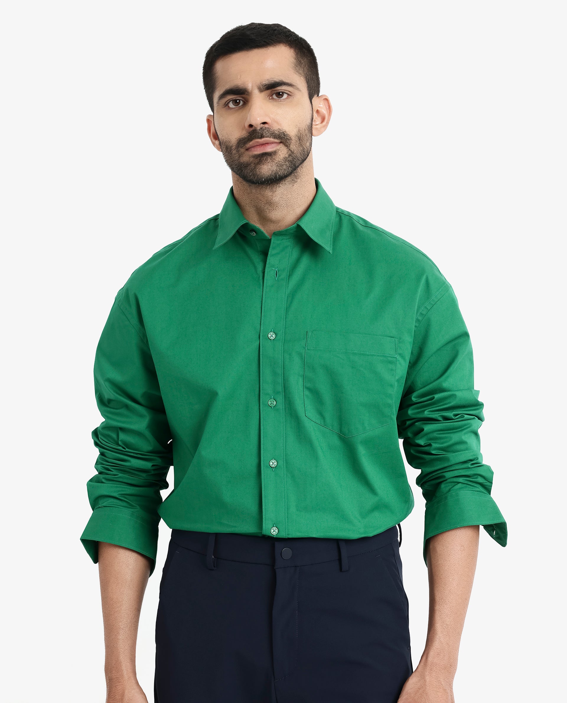 Rare Rabbit Men's Crofty Green Cotton Lycra Fabric Full Sleeves Collared Neck Regular Fit Plain Shirt