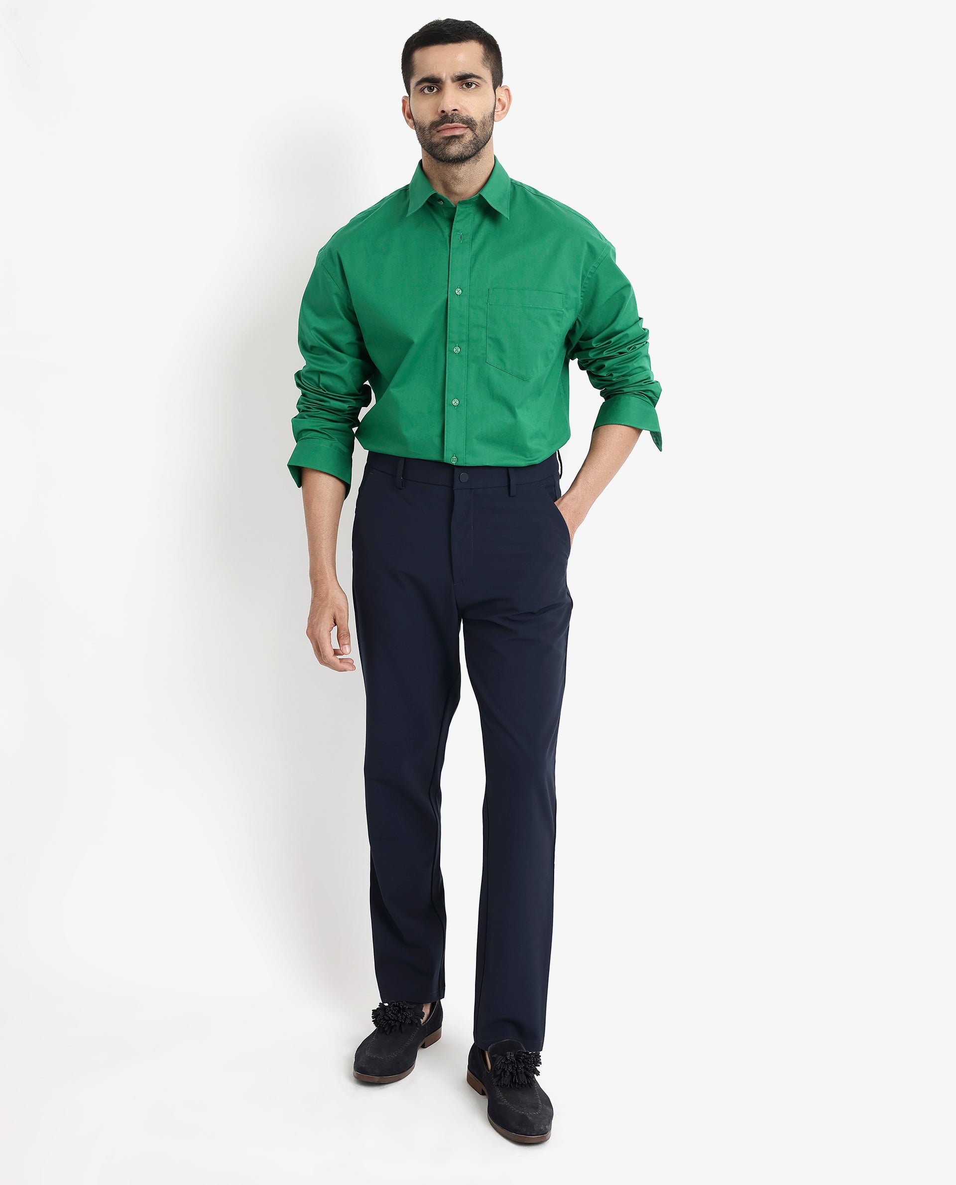 Rare Rabbit Men's Crofty Green Cotton Lycra Fabric Full Sleeves Collared Neck Regular Fit Plain Shirt