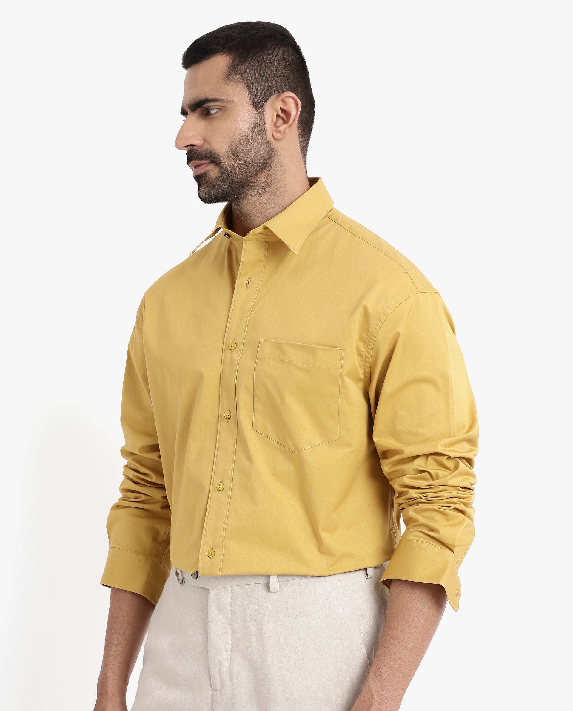 Rare Rabbit Men's Crofty Yellow Cotton Lycra Fabric Full Sleeves Collared Neck Regular Fit Plain Shirt