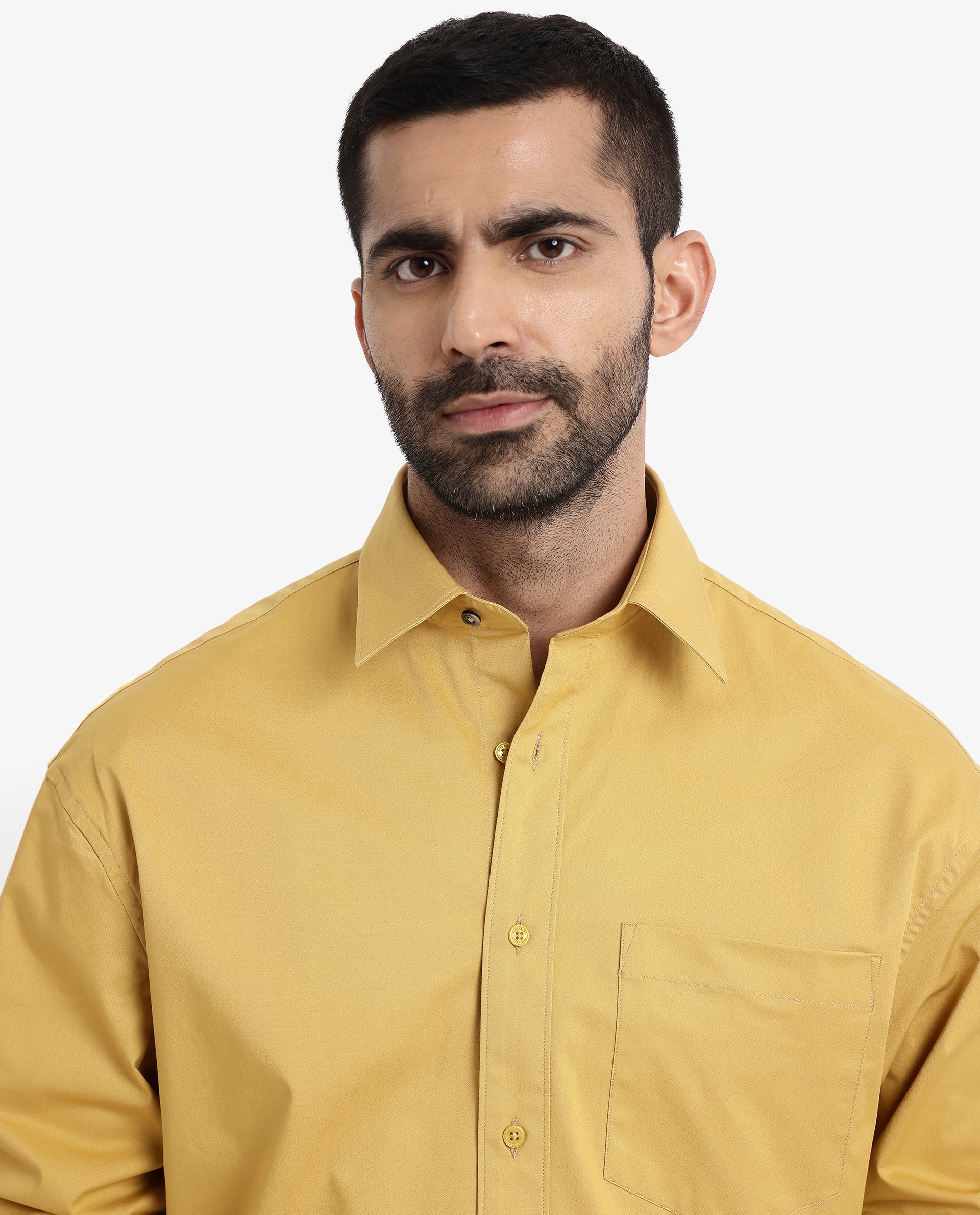 Rare Rabbit Men's Crofty Yellow Cotton Lycra Fabric Full Sleeves Collared Neck Regular Fit Plain Shirt