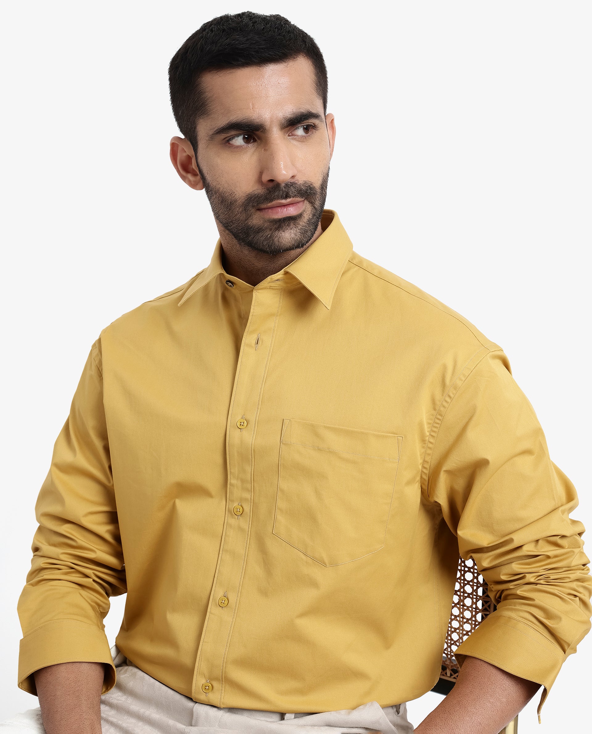 Rare Rabbit Men's Crofty Yellow Cotton Lycra Fabric Full Sleeves Collared Neck Regular Fit Plain Shirt