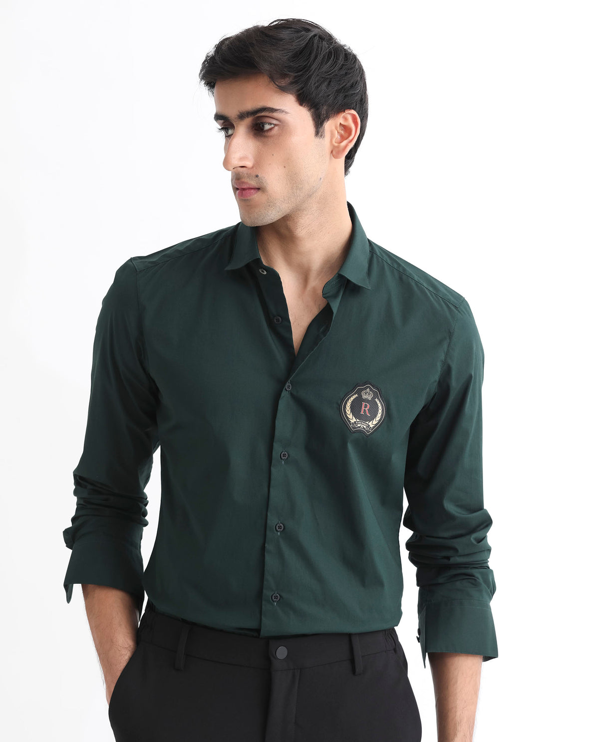 Rare Rabbit Men's Cron Dark Green Cotton Lycra Fabric Full Sleeves Shirt