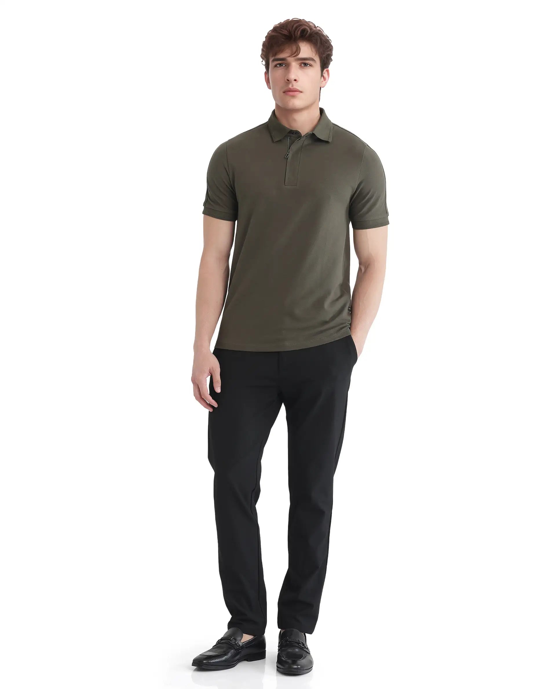 Rare Rabbit Men's Cron Olive Cotton Fabric Half Sleeve Spread Collar Regular Fit Plain Polo