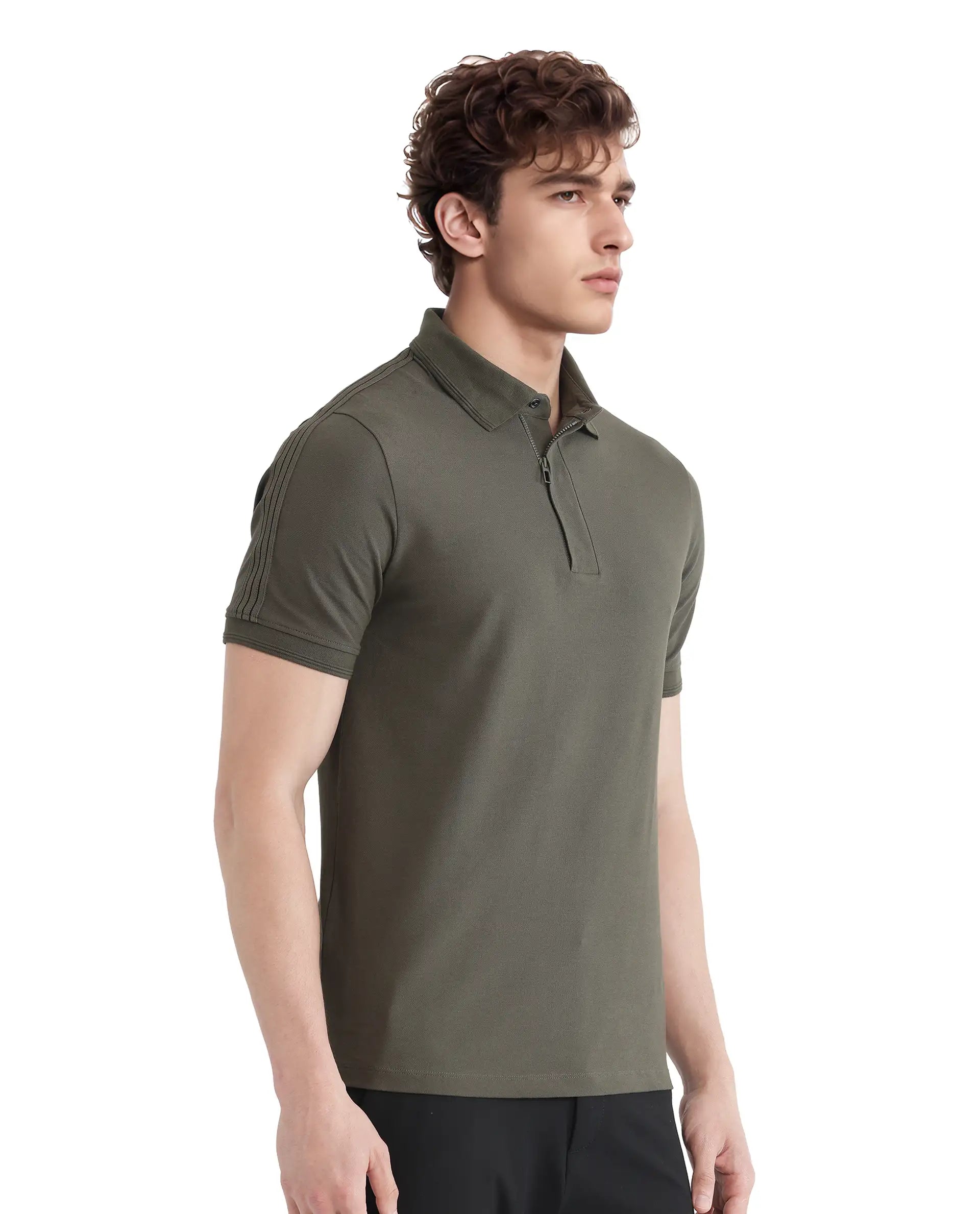 Rare Rabbit Men's Cron Olive Cotton Fabric Half Sleeve Spread Collar Regular Fit Plain Polo