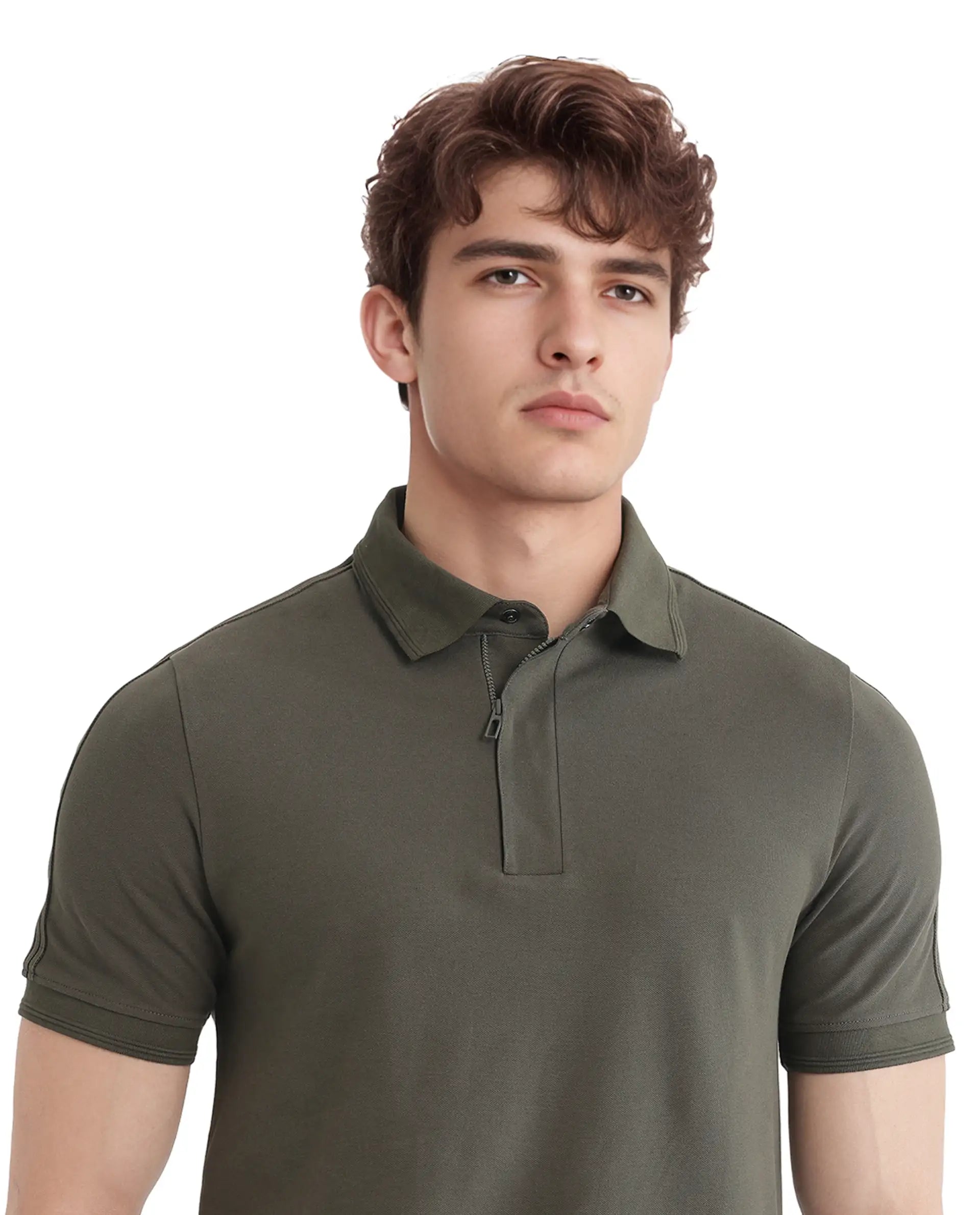 Rare Rabbit Men's Cron Olive Cotton Fabric Half Sleeve Spread Collar Regular Fit Plain Polo