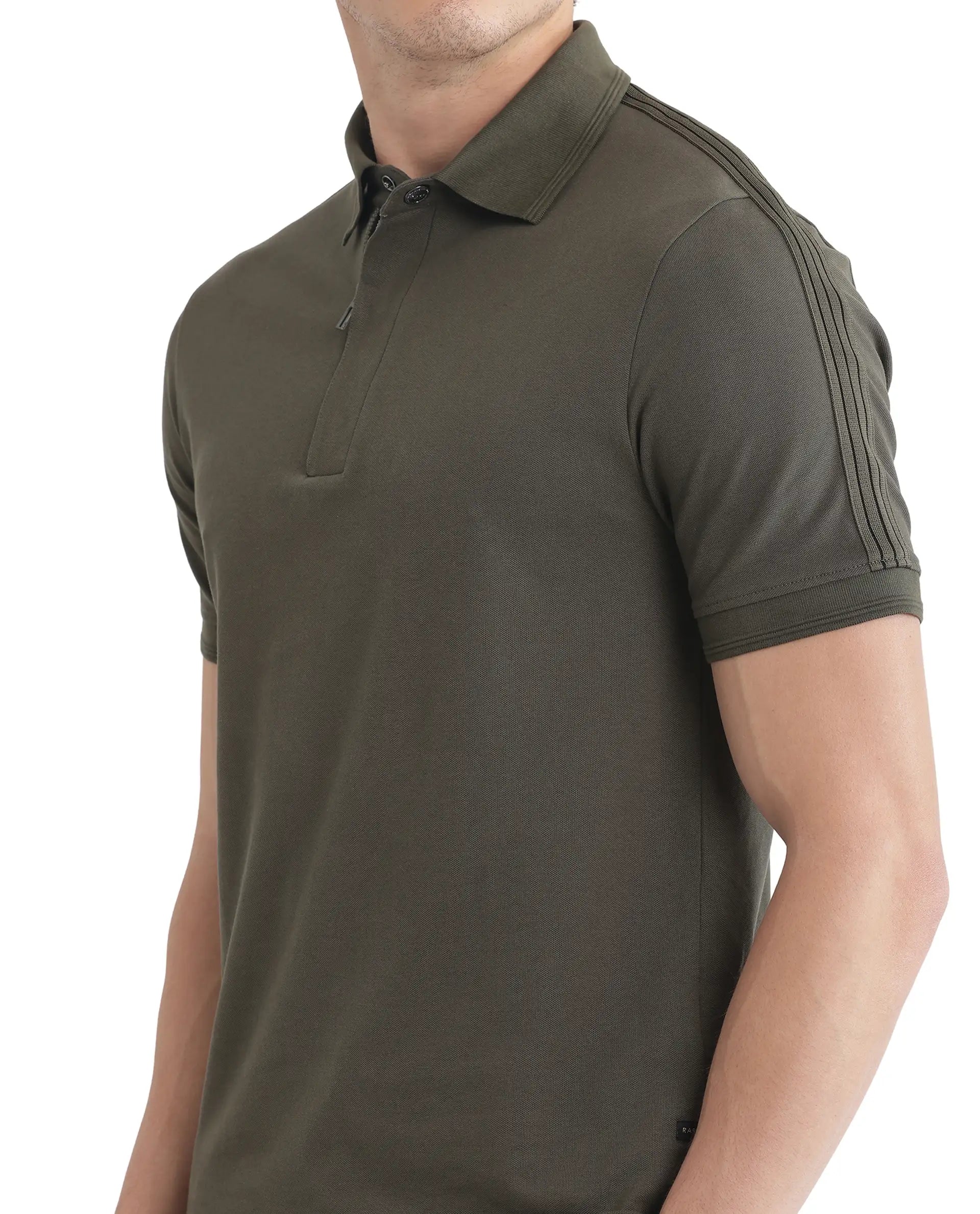 Rare Rabbit Men's Cron Olive Cotton Fabric Half Sleeve Spread Collar Regular Fit Plain Polo