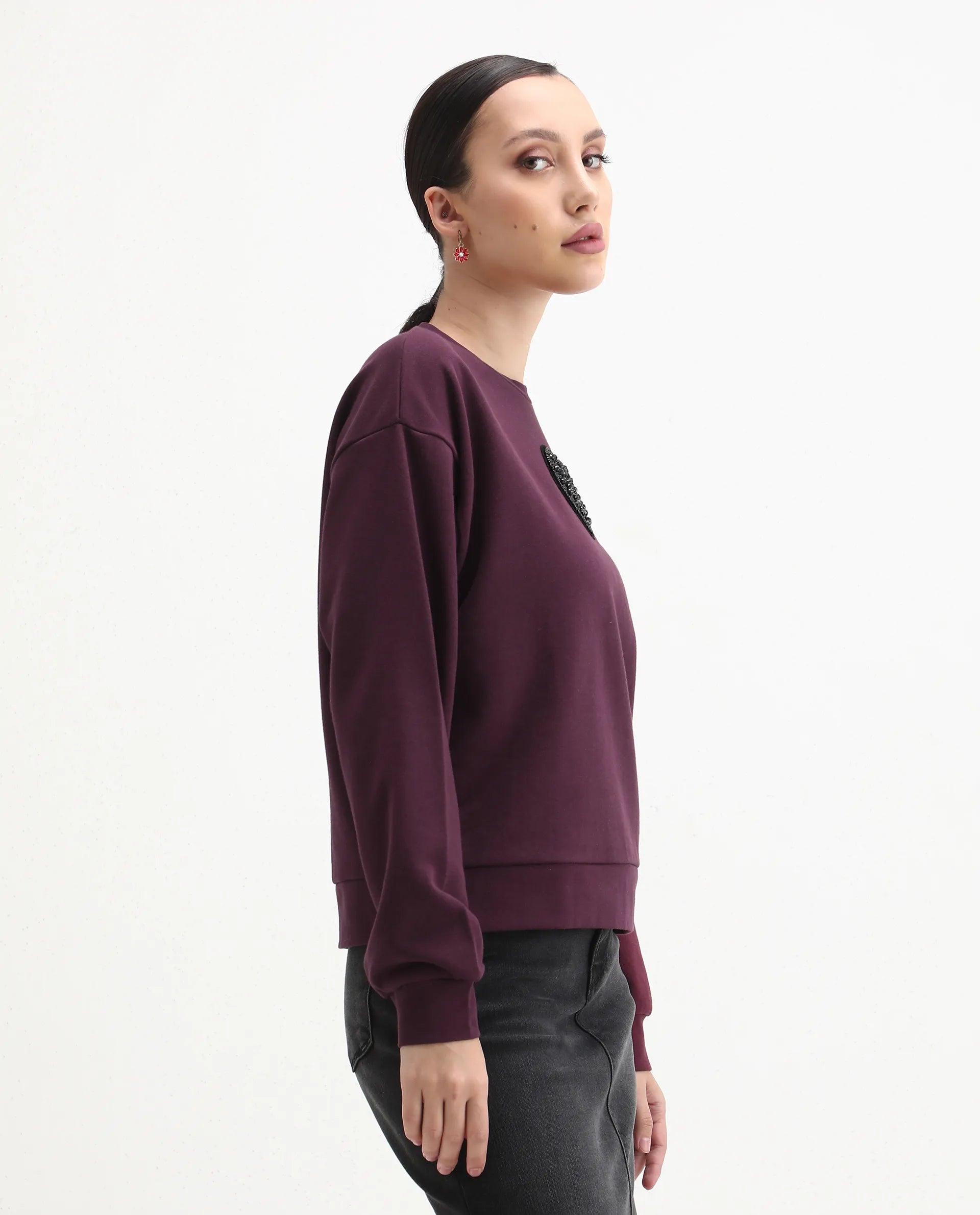 Rareism Women's Cros Dark Maroon Cotton Blend Crew Neck Regular Fit Printed Sweatshirt
