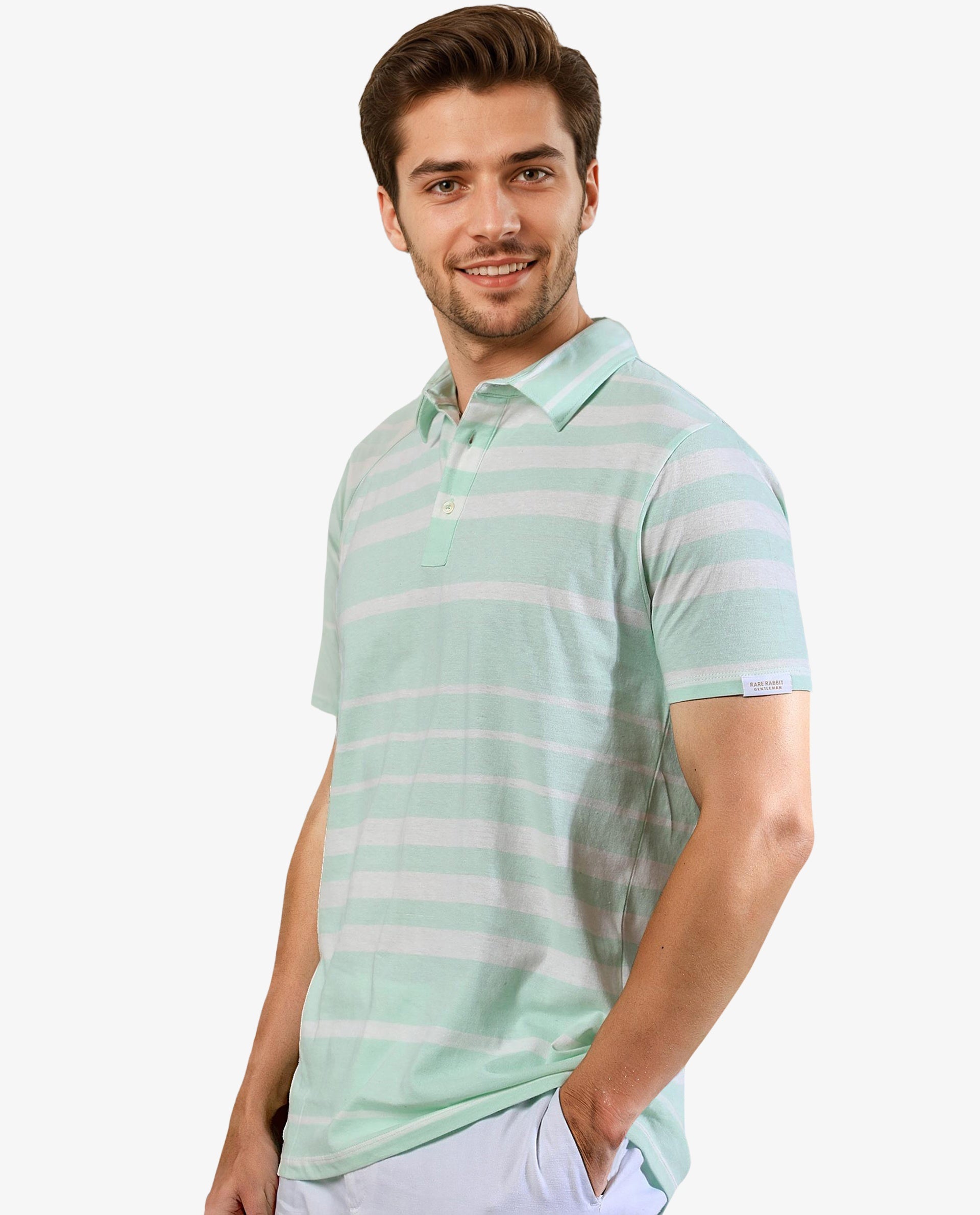 Rare Rabbit Men's Crossingss Green Cotton Fabric Collared Neck Half Sleeves Striped Polo T-Shirt