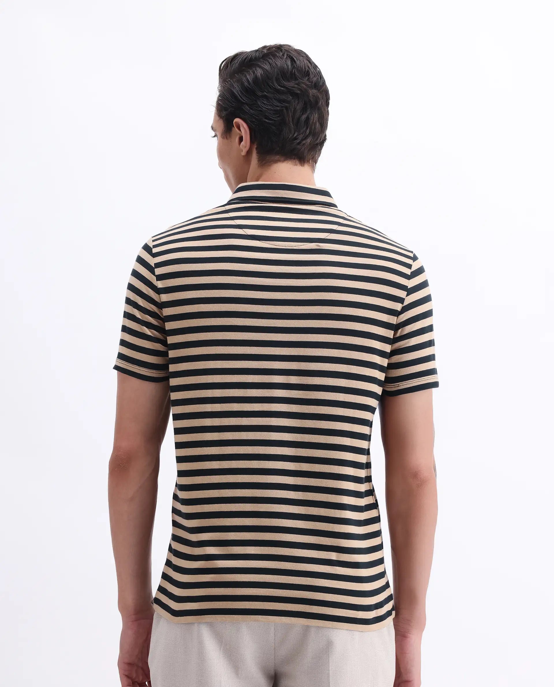 Rare Rabbit Men's Crossings Navy Cotton Striped Print Regular Fit Half Sleeve Polo