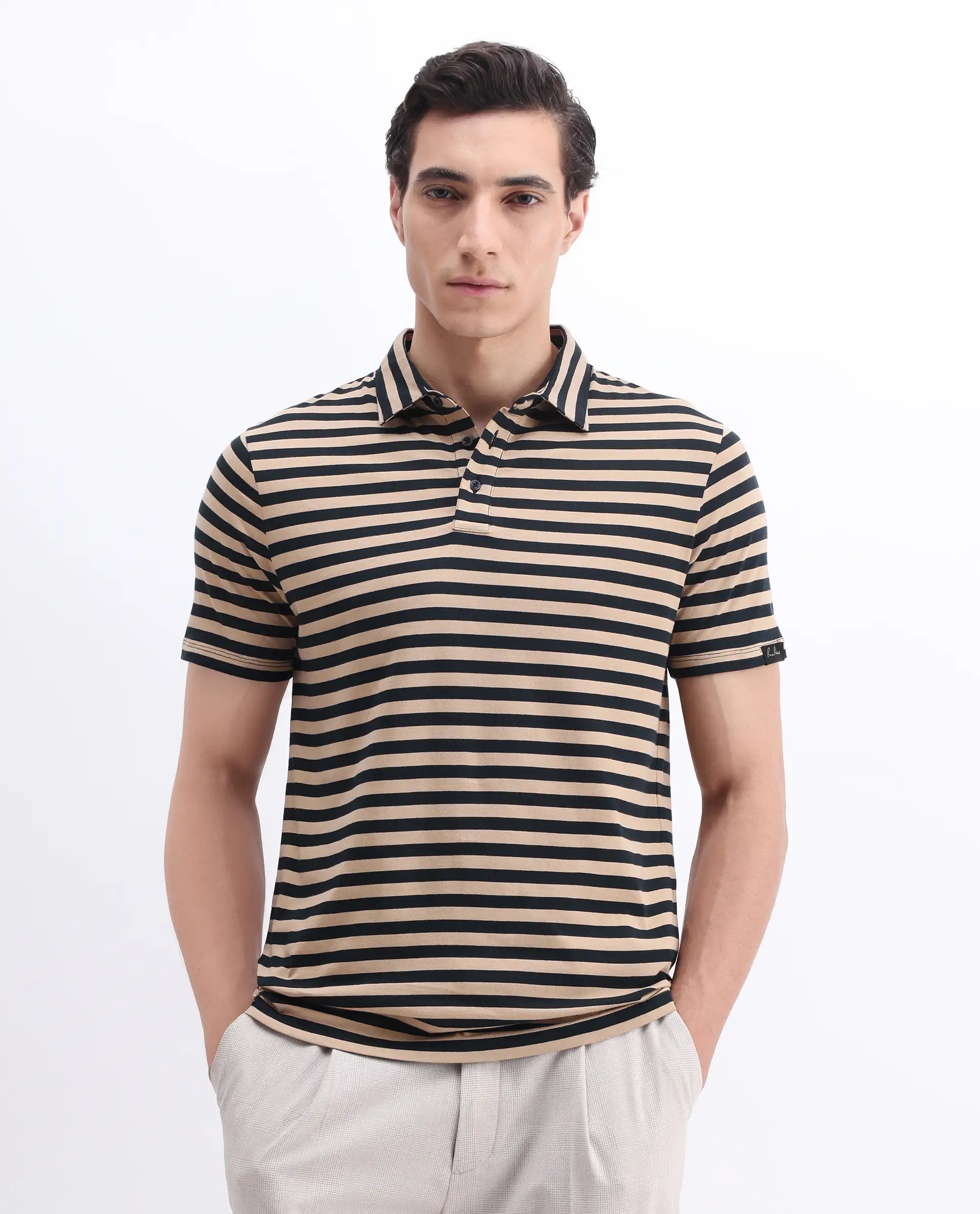 Rare Rabbit Men's Crossings Navy Cotton Striped Print Regular Fit Half Sleeve Polo