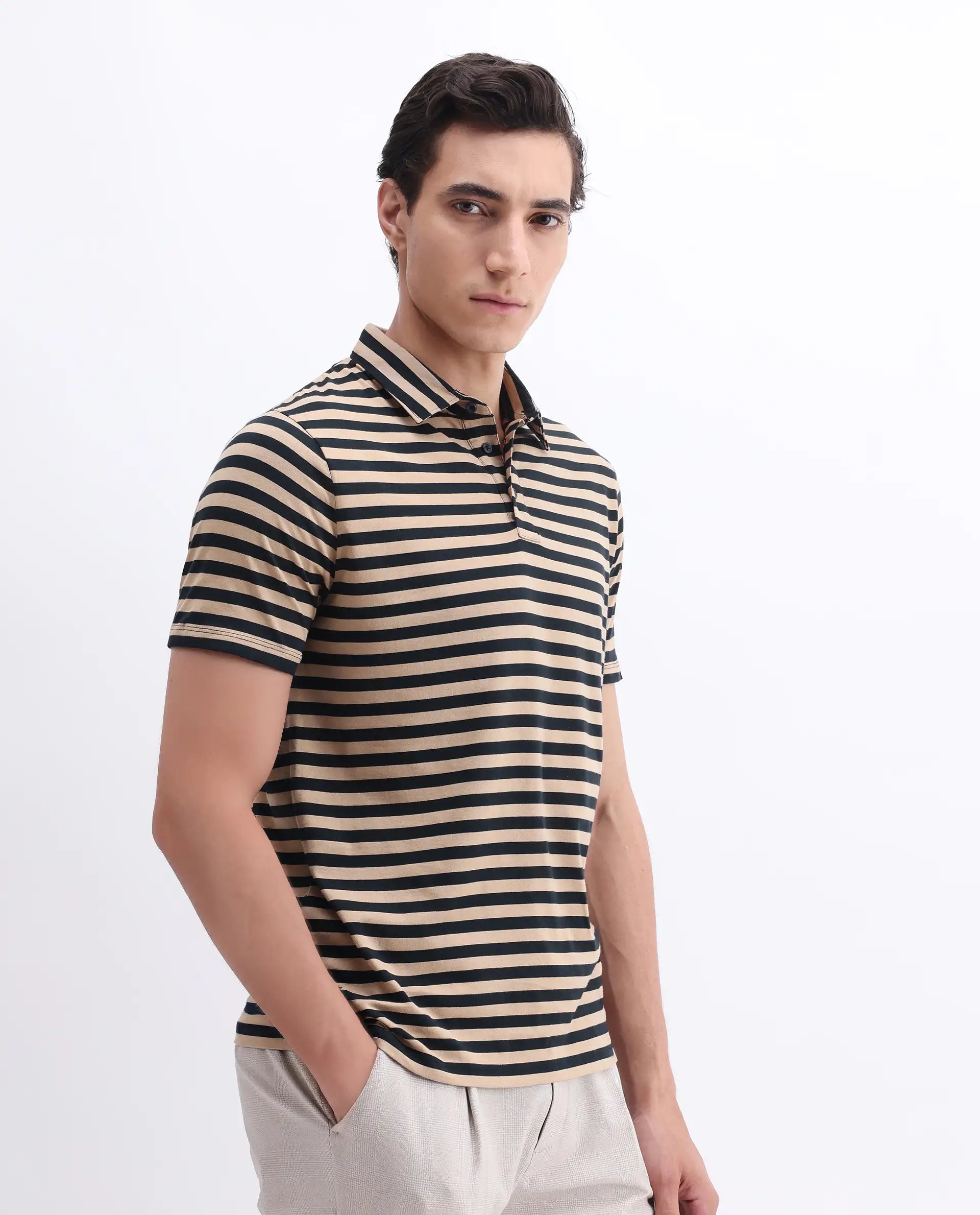 Rare Rabbit Men's Crossings Navy Cotton Striped Print Regular Fit Half Sleeve Polo