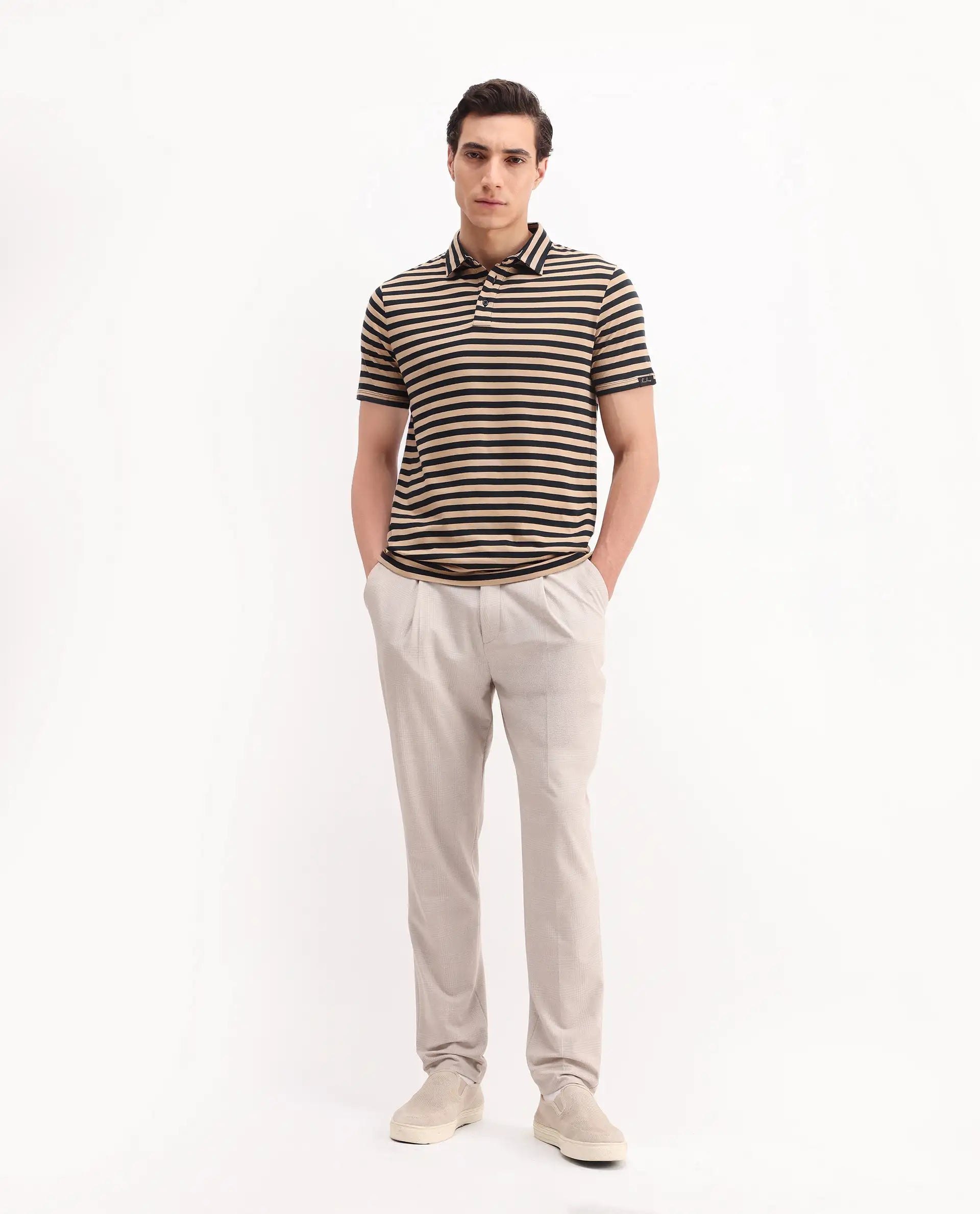 Rare Rabbit Men's Crossings Navy Cotton Striped Print Regular Fit Half Sleeve Polo