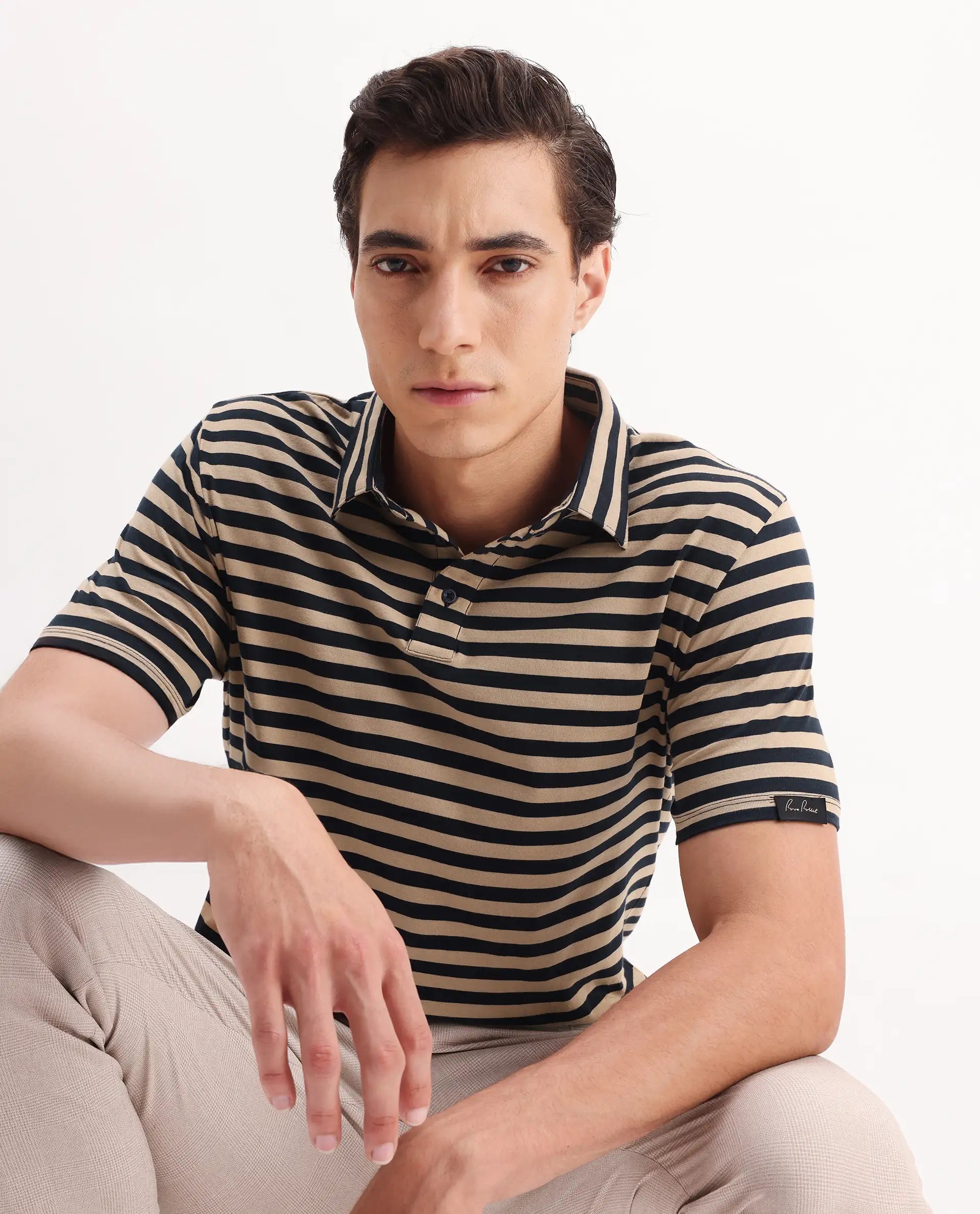 Rare Rabbit Men's Crossings Navy Cotton Striped Print Regular Fit Half Sleeve Polo