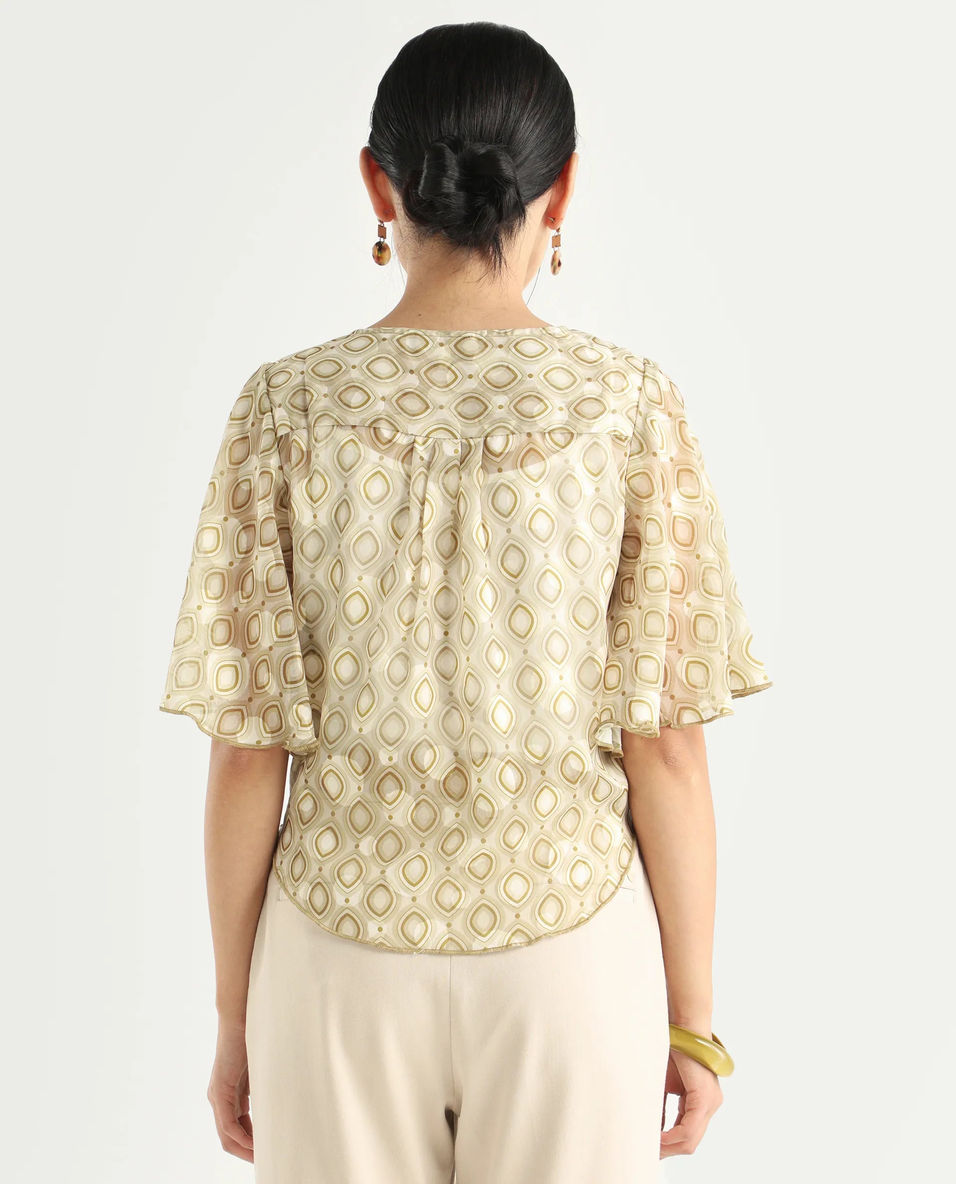 Rareism Women's Crotone Light Beige Polyester Collarless Geometric Print Ruffled Sleeve Crop Relaxed Fit Top