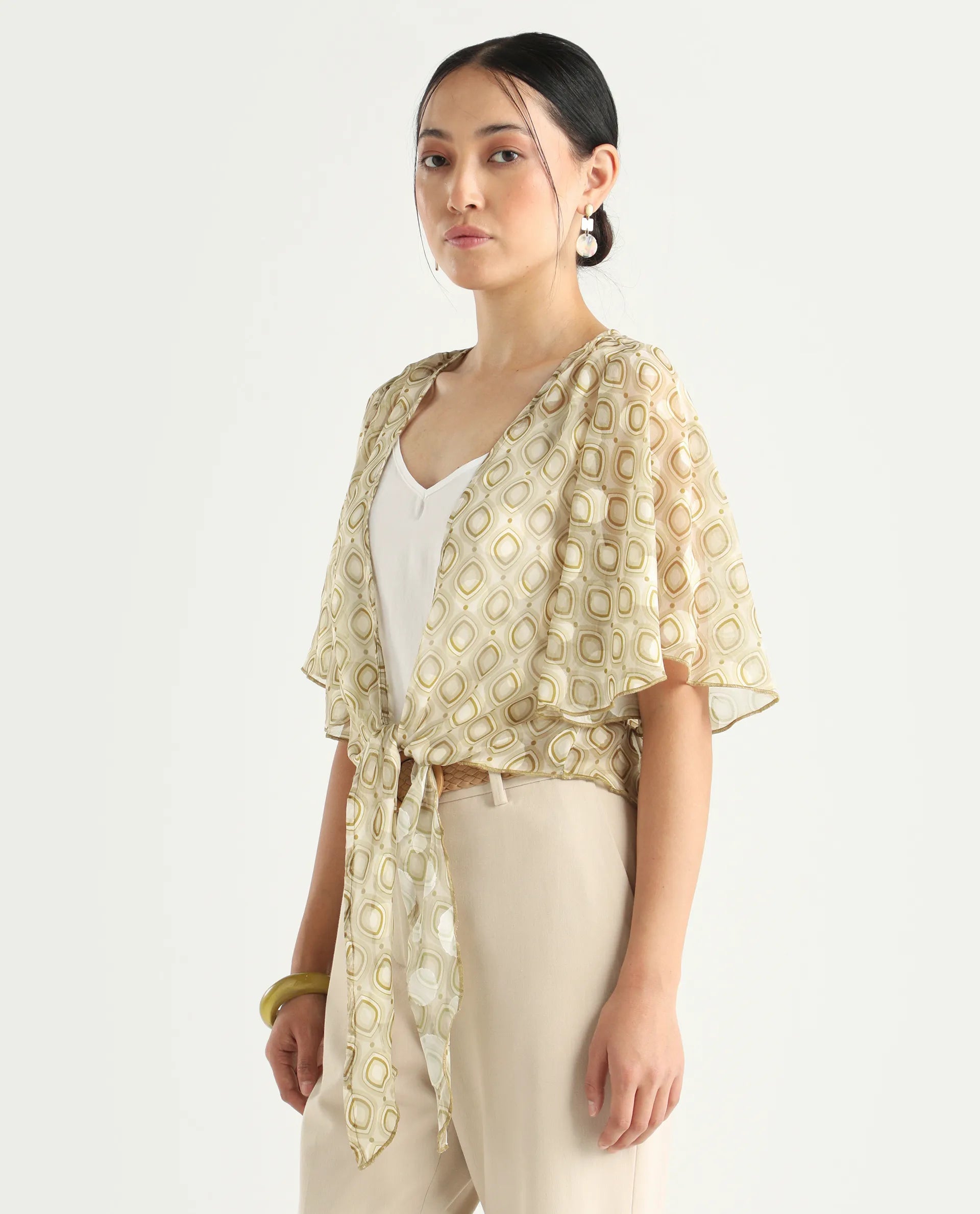 Rareism Women's Crotone Light Beige Polyester Collarless Geometric Print Ruffled Sleeve Crop Relaxed Fit Top