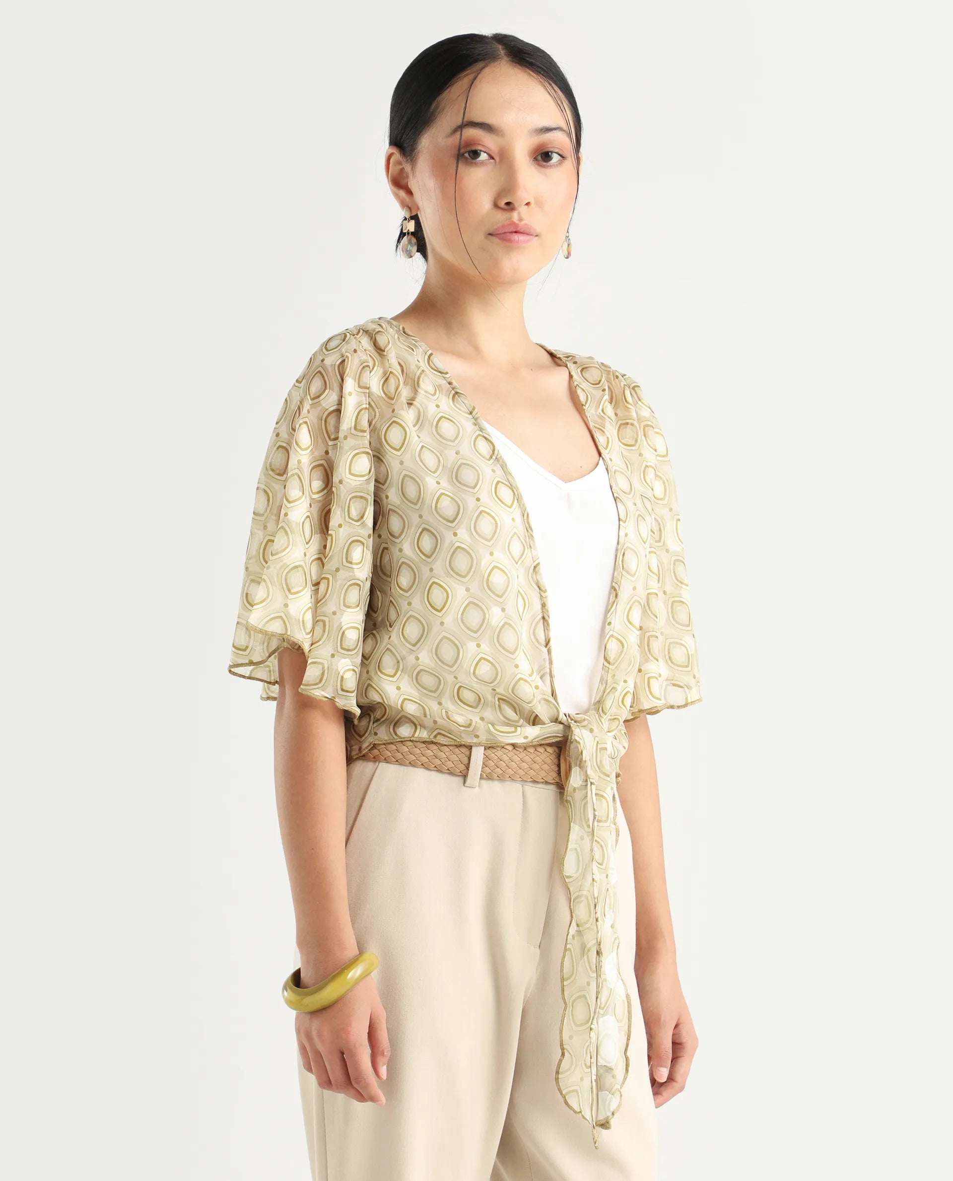 Rareism Women's Crotone Light Beige Polyester Collarless Geometric Print Ruffled Sleeve Crop Relaxed Fit Top