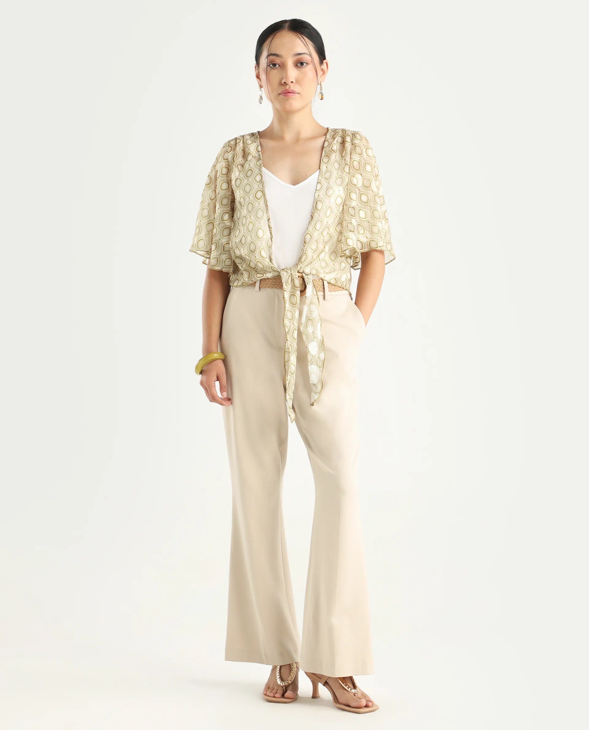 Rareism Women's Crotone Light Beige Polyester Collarless Geometric Print Ruffled Sleeve Crop Relaxed Fit Top