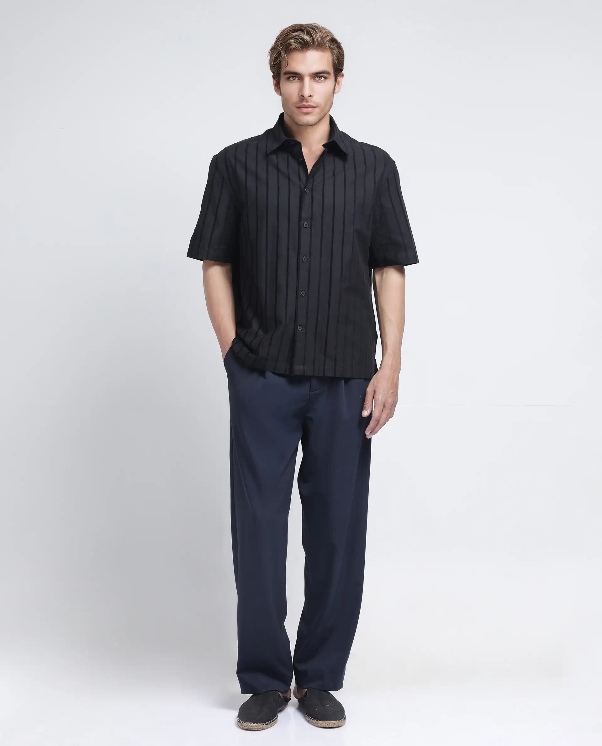 Rare Rabbit Men's Croy Ss Black Cotton Striped Print Regular Fit Half Sleeve Collared Shirt