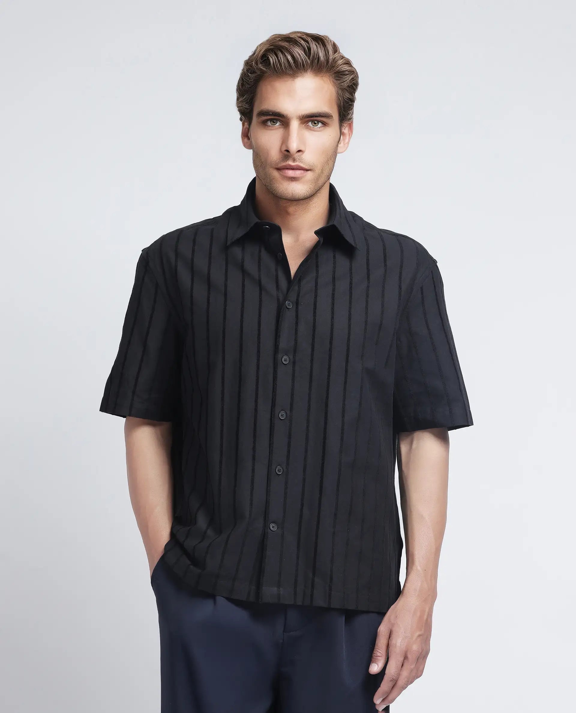 Rare Rabbit Men's Croy Ss Black Cotton Striped Print Regular Fit Half Sleeve Collared Shirt