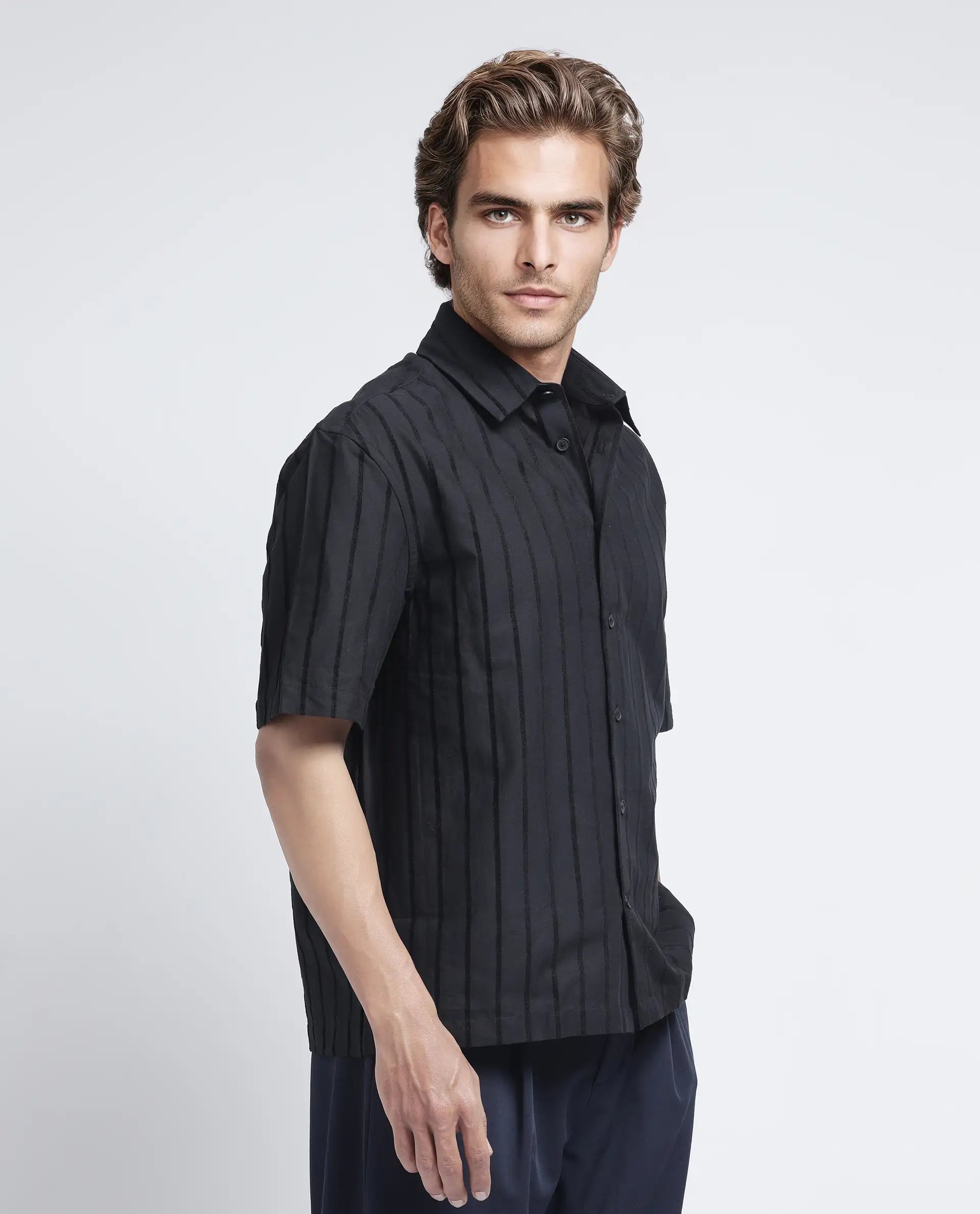 Rare Rabbit Men's Croy Ss Black Cotton Striped Print Regular Fit Half Sleeve Collared Shirt