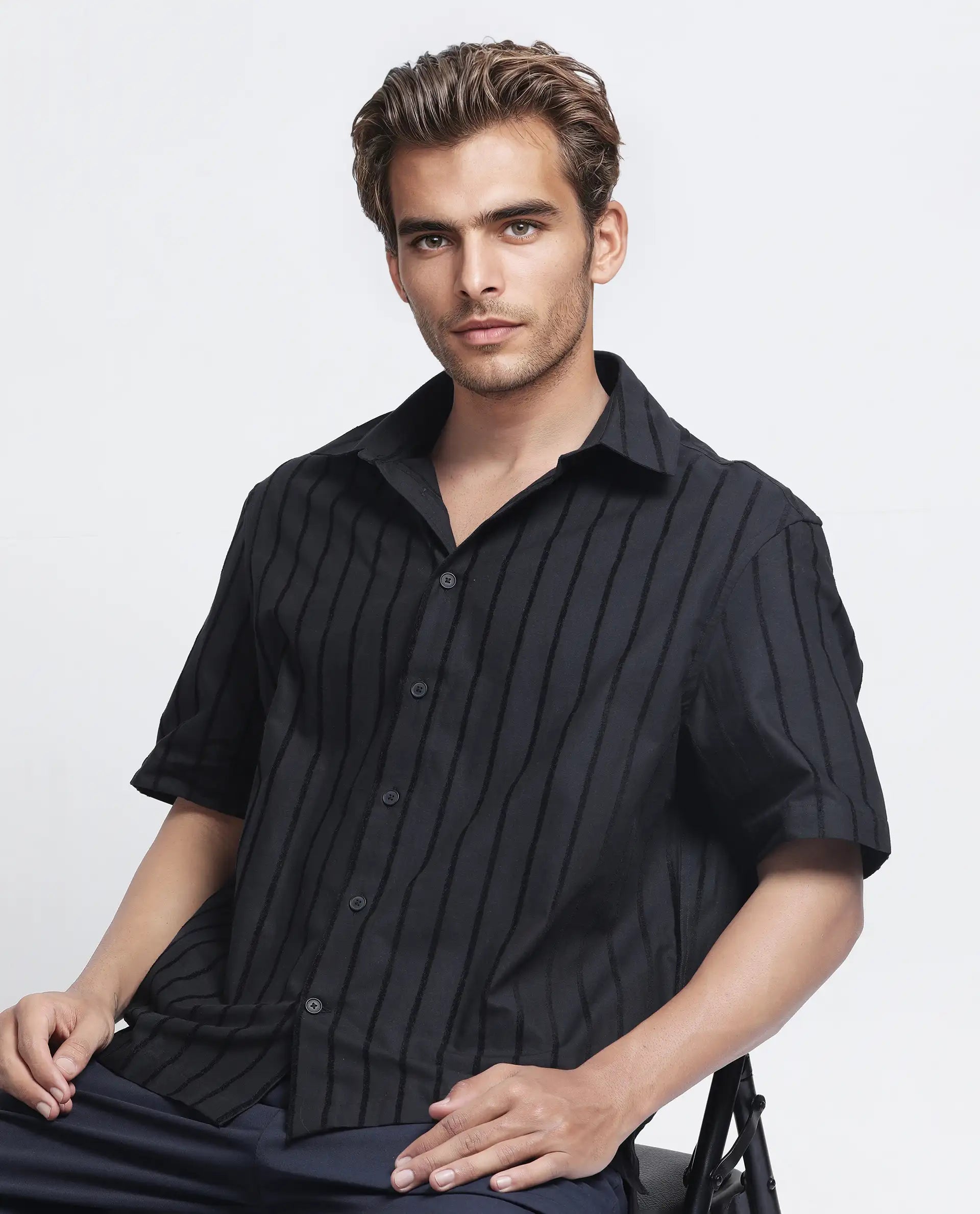 Rare Rabbit Men's Croy Ss Black Cotton Striped Print Regular Fit Half Sleeve Collared Shirt