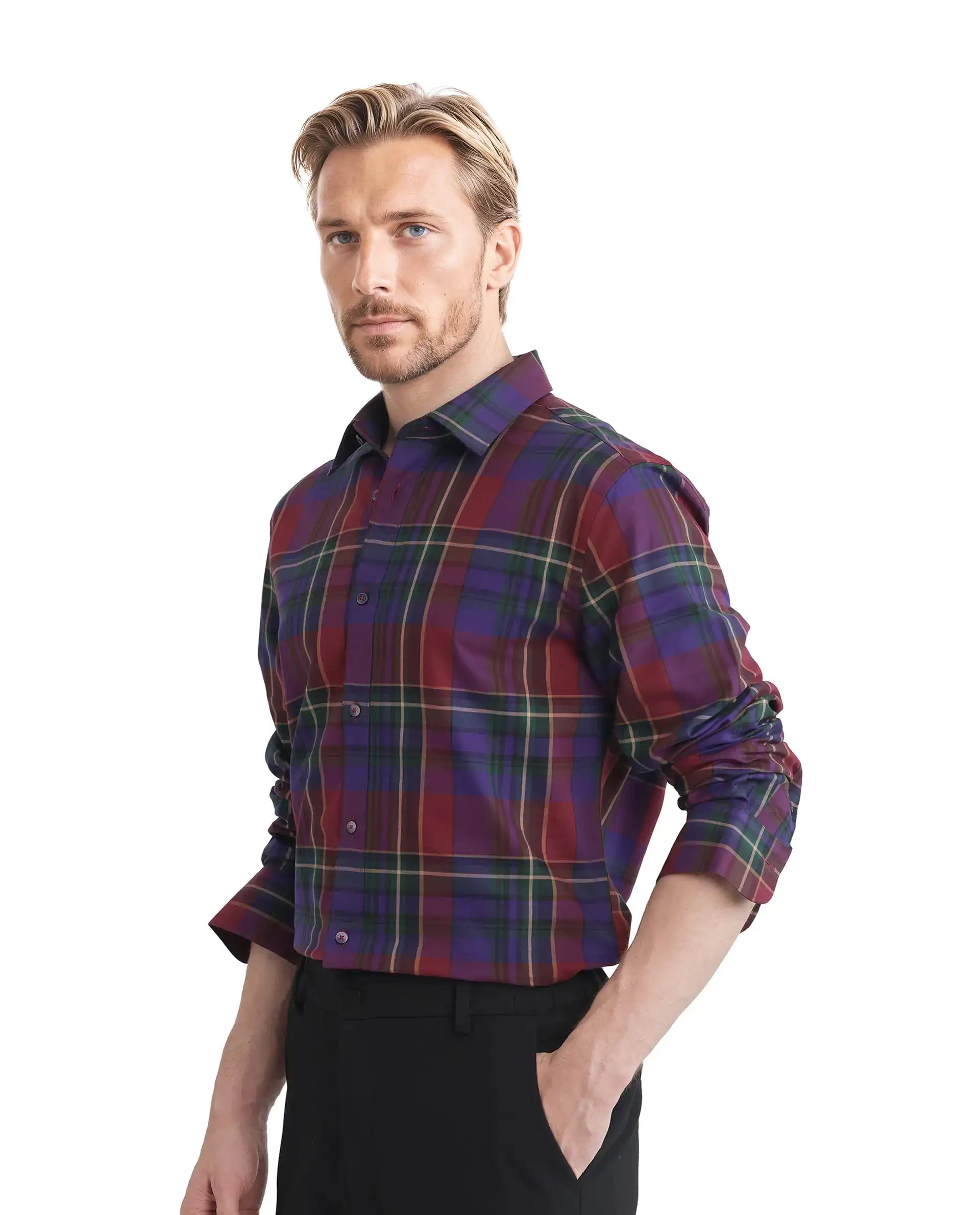 Rare Rabbit Men's Cruner Dark Purple Cotton Blend Checked Print Regular Fit Full Sleeve Collared Shirt