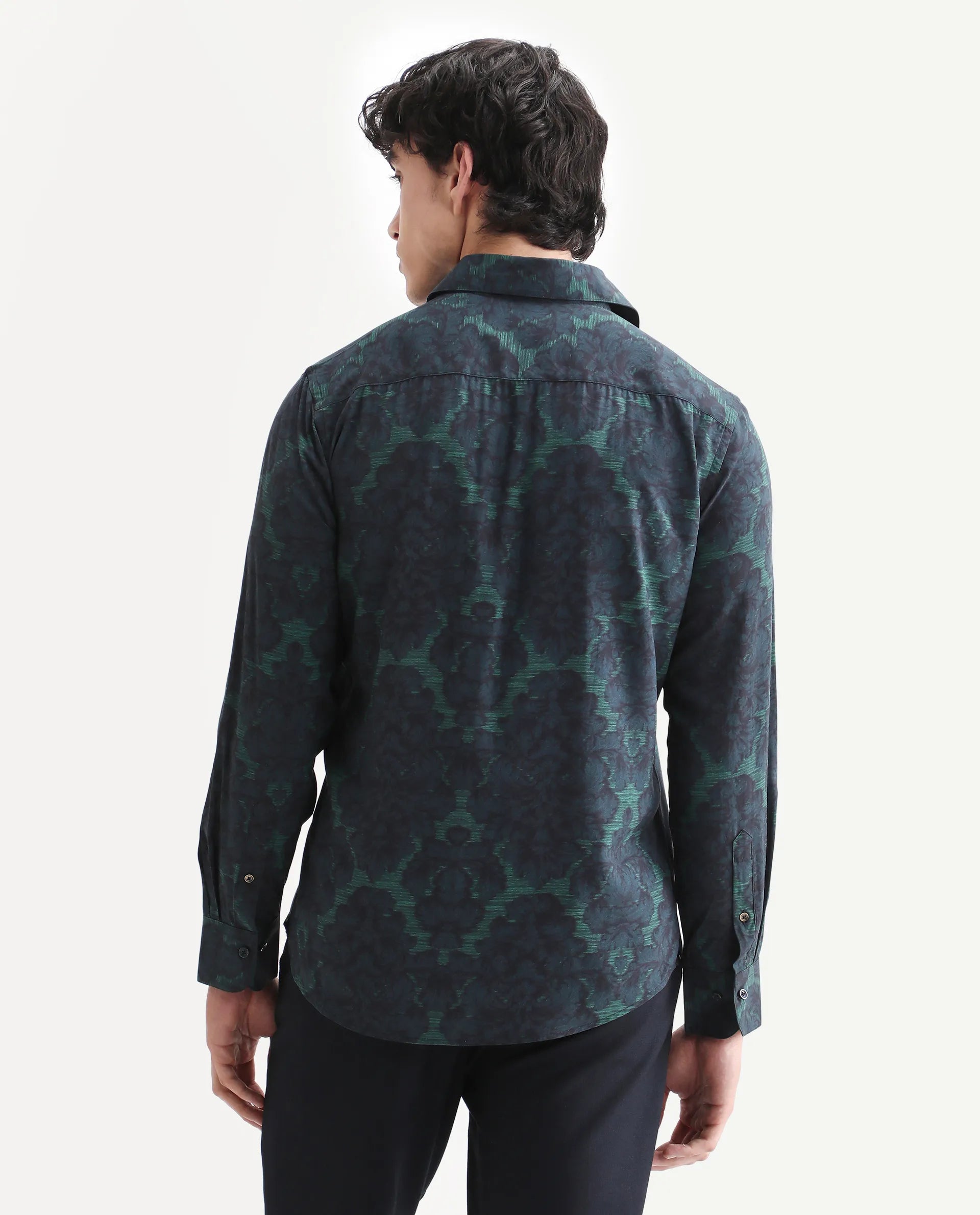Rare Rabbit Men's Crux-25 Navy Viscose Floral Print Regular Fit Full Sleeve Collared Shirt