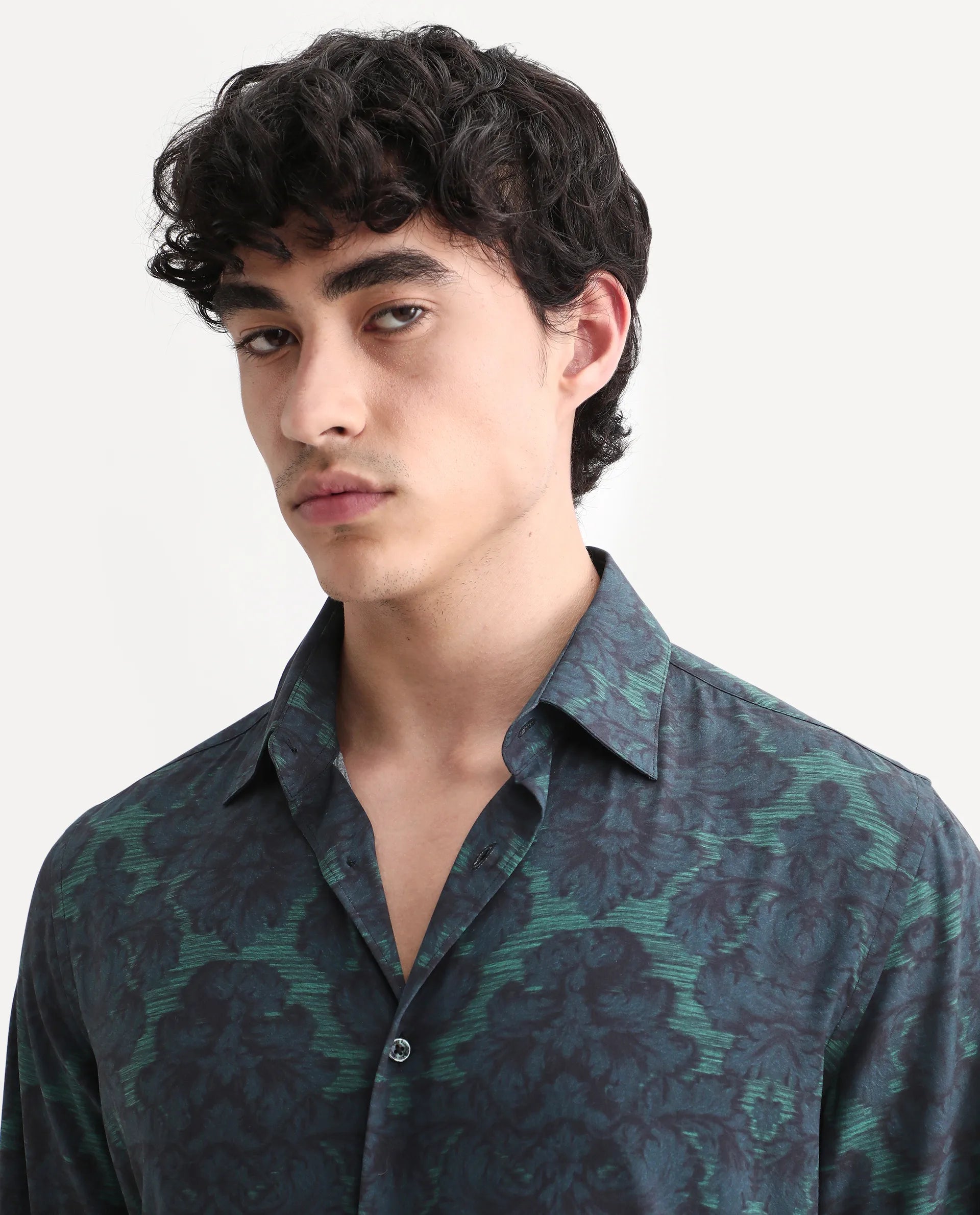 Rare Rabbit Men's Crux-25 Navy Viscose Floral Print Regular Fit Full Sleeve Collared Shirt