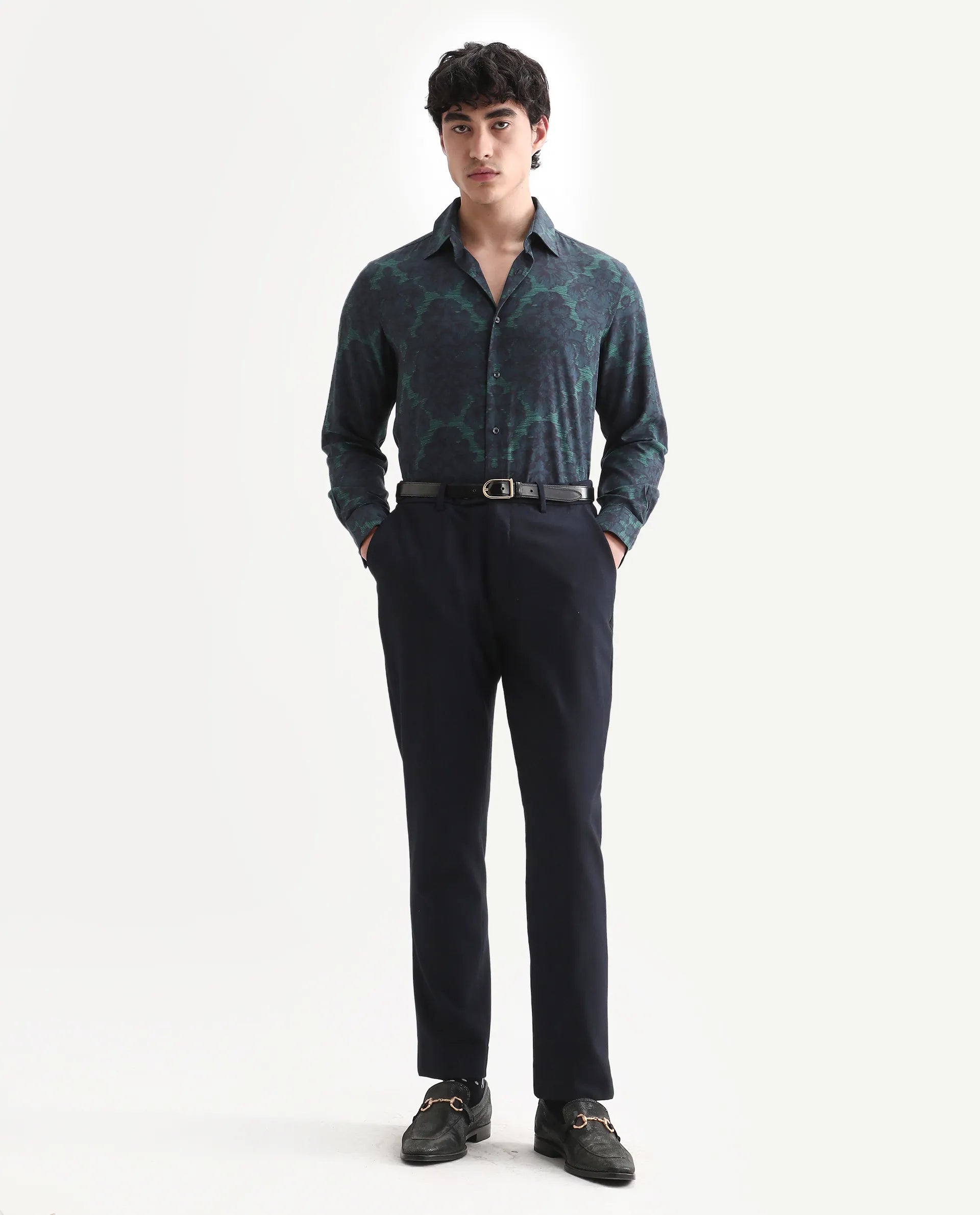 Rare Rabbit Men's Crux-25 Navy Viscose Floral Print Regular Fit Full Sleeve Collared Shirt