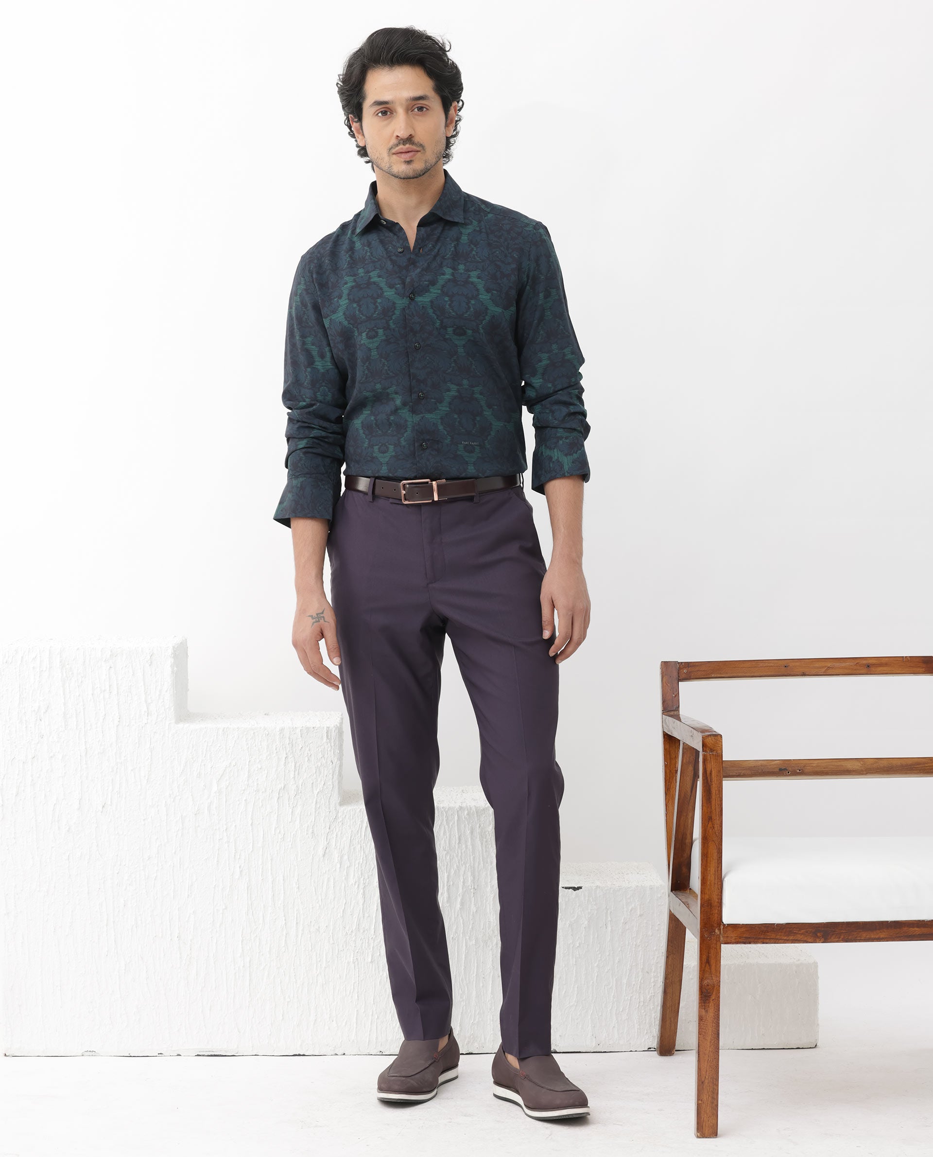 Rare Rabbit Mens Crux Dark Green Viscose Fabric Full Sleeve Floral Print Shirt