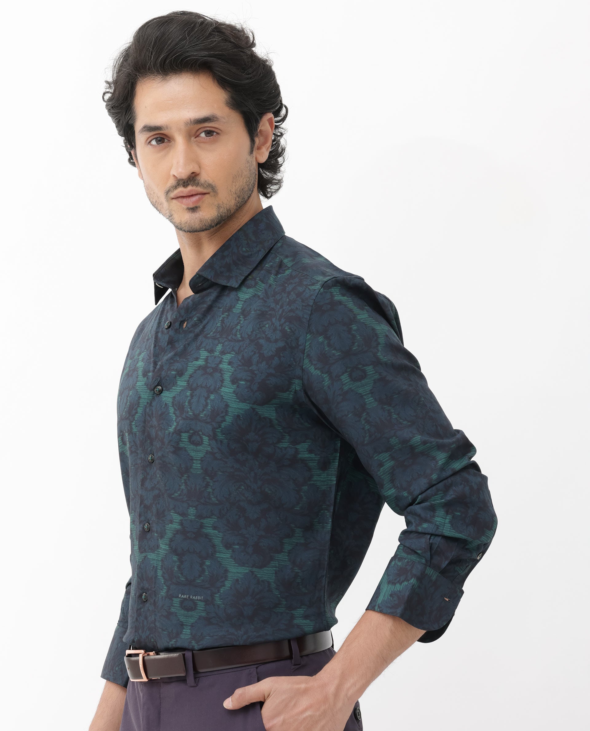 Rare Rabbit Mens Crux Dark Green Viscose Fabric Full Sleeve Floral Print Shirt